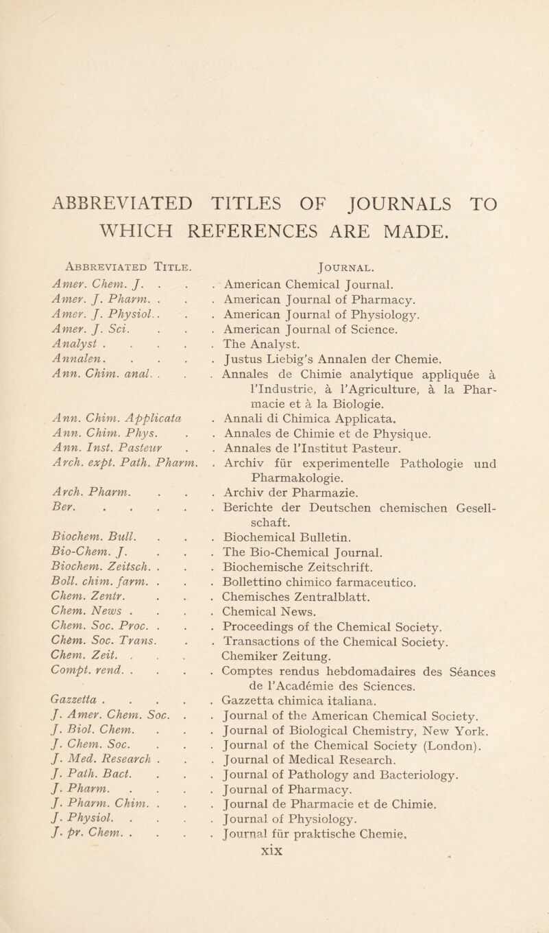 ABBREVIATED TITLES OF JOURNALS TO WHICH REFERENCES ARE MADE. Abbreviated Title. Amer. Chem. J. Amer. J. Pharm. . Amev. J. Physiol.. Amer. J. Sci. . . Analyst .... Annalen. Ann. Chim. anal. . Ann. Chim. Applicata Ann. Chim. Phys. Ann. Inst. Pasteur Arch. expt. Path. Pharm. Arch. Pharm. Ber Biochem. Bull. Bio-Chem. J. Biochem. Zeitsch. . Boll. chim. farm. . Chem. Zentr. Chem. News . Chem. Soc. Proc. . Chem. Soc. Trans. Chem. Zeit. . Compt. rend. . Gazzetta .... J. Amer. Chem. Soc. J. Biol. Chem. J. Chem. Soc. J. Med. Research . J. Path. Bad. J. Pharm. J. Pharm. Chim. . J. Physiol. J. pr. Chem. . Journal. . American Chemical Journal. . American Journal of Pharmacy. . American Journal of Physiology. . American Journal of Science. . The Analyst. . Justus Liebig's Annalen der Chemie. . Annales de Chimie analytique appliquee a l’lndustrie, a l’Agriculture, a la Phar- macie et a la Biologie. . Annali di Chimica Applicata. . Annales de Chimie et de Physique. . Annales de l’lnstitut Pasteur. . Archiv fur experimentelle Pathologie und Pharmakologie. . Archiv der Pharmazie. . Berichte der Deutschen chemischen Gesell- schaft. . Biochemical Bulletin. . The Bio-Chemical Journal. . Biochemische Zeitschrift. . Bollettino chimico farmaceutico. . Chemisches Zentralblatt. . Chemical News. . Proceedings of the Chemical Society. . Transactions of the Chemical Society. Chemiker Zeitung. . Comptes rendus hebdomadaires des Seances de l’Academie des Sciences. . Gazzetta chimica italiana. . Journal of the American Chemical Society. . Journal of Biological Chemistry, New York. . Journal of the Chemical Society (London). . Journal of Medical Research. . Journal of Pathology and Bacteriology. . Journal of Pharmacy. . Journal de Pharmacie et de Chimie. . Journal of Physiology. . Journal fur praktische Chemie,