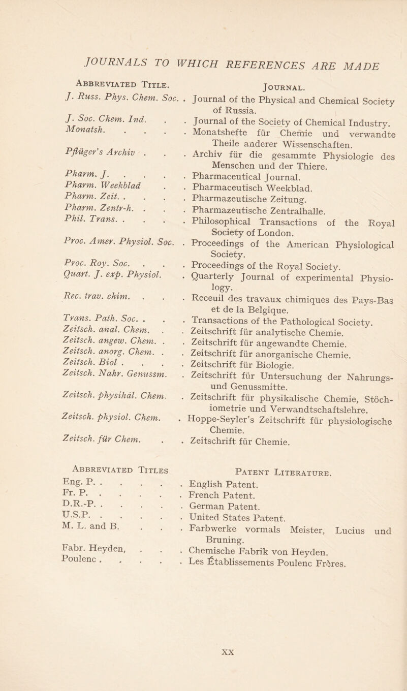 JOURNALS TO WHICH REFERENCES ARE MADE Abbreviated Title. J. Russ. Phys. Chem. Soc. J. Soc. Chem. Ind. Monatsh. Pfluger’s Archiv . Pharm. J. Pharm. Weekblad Pharm. Zeit. . Pharm. Zentr-h. Phil. Trans. . Proc. Amer. Physiol. Soc. Proc. Roy. Soc. Quart. J. exp. Physiol. Rec. trav. chim. Trans. Path. Soc. . Zeitsch. anal. Chem. Zeitsch. angew. Chem. . Zeitsch. anorg. Chem. . Zeitsch. Biol . Zeitsch. Nahr. Genussm. Zeitsch. physikdl. Chem. Zeitsch. physiol. Chem. Zeitsch. fur Chem. Journal. Journal of the Physical and Chemical Society of Russia. Journal of the Society of Chemical Industry. Monatshefte fur Chemie und verwandte Theile anderer Wissenschaften. Archiv fur die gesammte Physiologie des Menschen und der Thiere. Pharmaceutical Journal. Pharmaceutisch Weekblad. Pharmazeutische Zeitung. Pharmazeutische Zentralhalle. Philosophical Transactions of the Royal Society of London. Proceedings of the American Physiological Society. Proceedings of the Royal Society. Quarterly Journal of experimental Physio- logy. Receuil des travaux chimiques des Pays-Bas et de la Belgique. Transactions of the Pathological Society. Zeitschrift fiir analytische Chemie. Zeitschrift fiir angewandte Chemie. Zeitschrift fiir anorganische Chemie. Zeitschrift fiir Biologie. Zeitschrift fiir Untersuchung der Nahrungs- und Genussmitte. Zeitschrift fiir physikalische Chemie, Stoch- iometrie und Verwandtschaftslehre. Hoppe-Seyler’s Zeitschrift fiir physiologische Chemie. Zeitschrift fiir Chemie. Abbreviated Titles Eng. P Fr. P D.R.-P U.S.P M. L.and B. Fabr. Heyden, Poulenc .... Patent Literature. . English Patent. . French Patent. . German Patent. . United States Patent. . Farbwerke vormals Meister, Lucius und Bruning. . Chemische Fabrik von Heyden. . Les fitablissements Poulenc Fr6res.