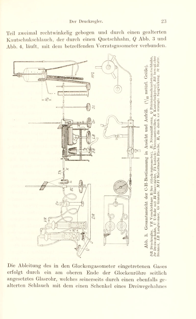 Teil zweimal rechtwinkelig gebogen und durch einen gealterten Kautschukschlauch, der durch einen Quetschhahn, Q Abb. 3 und Abb. 4, läuft, mit dem betreffenden Vorratsgasometer verbunden. Die Ableitung des in den Glockengasometer eingetretenen Gases erfolgt durch ein am oberen Ende der Glockenröhre seitlich angesetztes Glasrohr, welches seinerseits durch einen ebenfalls ge- alterten Schlauch mit dem einen Schenkel eines Dreiwegehahnes