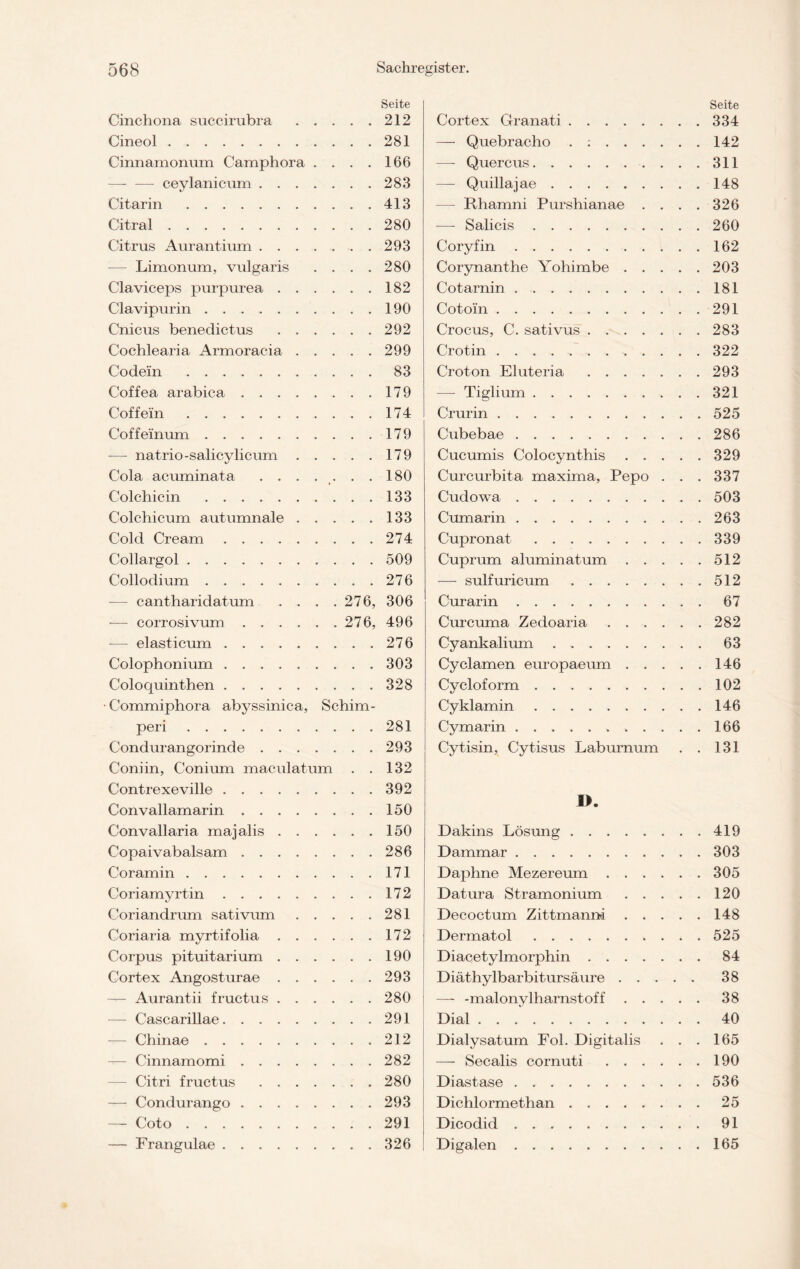 Seite Cinchona succirubra 212 Cineol 281 Cinnamonum Camphora .... 166 —- — ceylanicum 283 Citarin 413 Citral 280 Citrus Aurantium 293 -— Limonum, vulgaris .... 280 Claviceps purpurea 182 Clavipurin 190 Cnicus benedictus 292 Cochlearia Armoracia 299 Codein 83 Coffea arabica 179 Coffein 174 Coffeinum 179 -—- natrio-salicylicum 179 Cola acuminata ....... 180 Colchicin 133 Colchicum autumnale 133 Cold Cream 274 Collargol 509 Collodium 276 -— cantharidatum . . . .276, 306 — corrosivum 276, 496 -— elasticum 276 Colophonium 303 Coloquinthen 328 • Commiphora abyssinica, Schim- peri 281 Condurangorinde 293 Coniin, Conium maculatum . .132 Contrexeville 392 Convallamarin 150 Convallaria majalis 150 Copaivabalsam 286 Coramin 171 Coriamyrtin 172 Coriandrum sativum 281 Coriaria myrtifolia 172 Corpus pituitarium 190 Cortex Angosturae 293 — Aurantii fructus 280 — Cascarillae 291 — Chinae 212 — Cinnamomi 282 — Citri fructus 280 — Condurango 293 — Coto 291 — Frangulae 326 Seite Cortex Granati 334 — Quebracho . : 142 —- Quercus 311 — Quillajae 148 — Rhamni Purshianae .... 326 — Salicis 260 Coryfin 162 Corynanthe Yohimbe 203 Cotarnin 181 Cotoin 291 Crocus, C. sativus 283 Crotin 322 Croton Eluteria 293 — Tiglium 321 Crurin 525 Cubebae 286 Cucumis Colocynthis 329 Curcurbita maxima, Pepo . . . 337 Cudowa 503 Cumarin 263 Cupronat 339 Cuprum aluminat um 512 — sulfuricum 512 Curarin 67 Curcuma Zedoaria 282 Cyankalium 63 Cyclamen europaeum 146 Cy cloform 102 Cyklamin 146 Cymarin 166 Cytisin, Cytisus Laburnum . . 131 J>. Dakins Lösung 419 Dammar 303 Daphne Mezereum 305 Datura Stramonium 120 Decoctum Zittmanni 148 Dermatol 525 Diacetylmorphin 84 Diäthylbarbitursäure 38 —- -malonylharnstoff 38 Dial 40 Dialysatum Fol. Digitalis ... 165 — Secalis cornuti 190 Diastase 536 Dichlormethan 25 Dicodid 91 Digalen 165