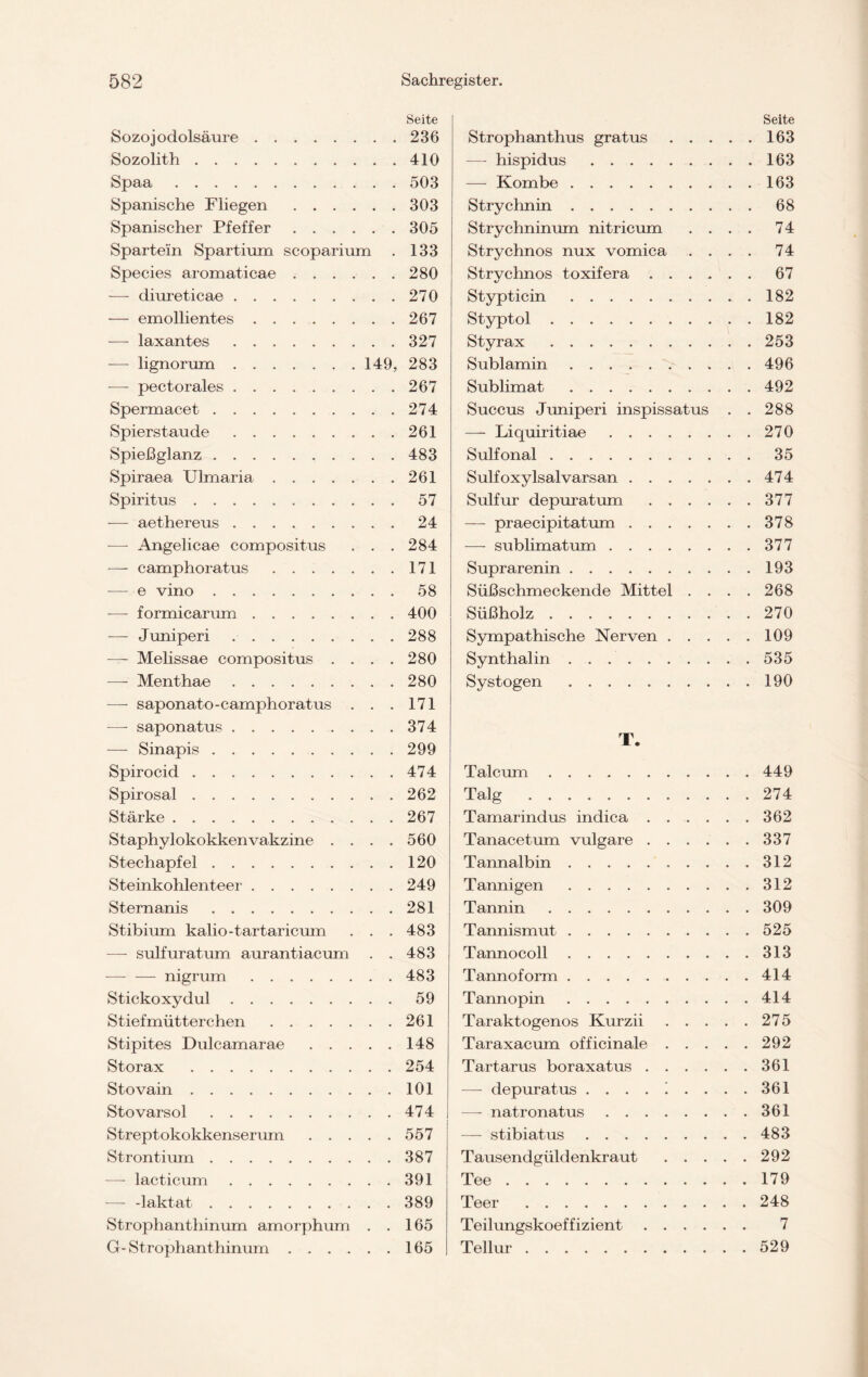 Seite Sozojodolsäure 236 Sozolith 410 Spaa 503 Spanische Fliegen 303 Spanischer Pfeffer 305 Spartein Spartium scoparium . 133 Species aromaticae 280 — diureticae 270 — emollientes 267 — laxantes 327 — lignorum 149, 283 — pectorales 267 Spermacet 274 Spierstaude 261 Spießglanz 483 Spiraea Ulmaria 261 Spiritus 57 — aethereus 24 -—- Angelicae compositus . . .284 — camphoratus 171 — e vino 58 -—- formicarum 400 — Juniperi 288 —- Melissae compositus . . . .280 —- Menthae 280 — saponato-camphoratus . . . 171 -—- saponatus 374 — Sinapis 299 Spirocid 474 Spirosal 262 Stärke 267 Staphylokokkenvakzine .... 560 Stechapfel 120 Steinkohlenteer 249 Sternanis 281 Stibium kalio-tartaricum . . .483 —- sulfuratum aurantiacum . . 483 ■— — nigrum 483 Stickoxydul 59 Stiefmütterchen 261 Stipites Dulcamarae 148 Storax 254 Sto vain 101 Stovarsol 474 Streptokokkenserum 557 Strontium 387 — lacticum 391 — -laktat 389 Strophanthinum amorphum . .165 G-Strophanthinum 165 Seite Strophanthus gratus 163 — hispidus 163 — Kombe 163 Strychnin 68 Strychninum nitricum .... 74 Strychnos nux vomica .... 74 Strychnos toxifera 67 Stypticin 182 Styptol 182 Styrax 253 Sublamin 496 Sublimat 492 Succus Juniperi inspissatus . . 288 — Liquiritiae 270 Sulfonal 35 Sulfoxylsalvarsan 474 Sulfur depuratum 377 — praecipitatum 378 — Sublimat um 377 Suprarenin 193 Süßschmeckende Mittel . . . .268 Süßholz 270 Sympathische Nerven 109 Synthalin 535 Systogen 190 T. Talcum 449 Talg 274 Tamarindus indica 362 Tanacetum vulgare 337 Tannalbin 312 Tannigen 312 Tannin 309 Tannismut 525 Tannocoll 313 Tannof orm 414 Tannopin 414 Taraktogenos Kurzii 275 Taraxacum officinale 292 Tartarus boraxatus 361 — depuratus . ... i .... 361 — natronatus 361 — stibiatus 483 Tausendgüldenkraut 292 Tee 179 Teer 248 Teilungskoeffizient 7 Tellur 529