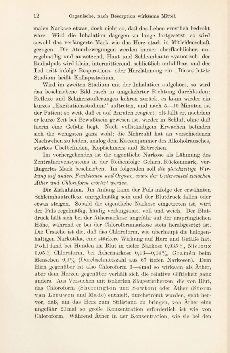 malen Narkose etwas, doch nicht so, daß das Leben ernstlich bedroht wäre. Wird die Inhalation dagegen zu lange fortgesetzt, so wird sowohl das verlängerte Mark wie das Herz stark in Mitleidenschaft gezogen. Die Atembewegungen werden immer oberflächlicher, un- regelmäßig und aussetzend, Haut und Schleimhäute zyanotisch, der Radialpuls wird klein, intermittierend, schließlich unfühlbar, und der Tod tritt infolge Respirations- oder Herzlähmung ein. Dieses letzte Stadium heißt Kollapsstadium. Wird im zweiten Stadium mit der Inhalation auf gehört, so wird das beschriebene Bild rasch in umgekehrter Richtung durchlaufen; Reflexe und Schmerzäußerungen kehren zurück, es kann wieder ein kurzes „ExzitationsstadiunT5 auftreten, und nach 5—10 Minuten ist der Patient so weit, daß er auf Anrufen reagiert; oft fällt er, nachdem er kurze Zeit bei Bewußtsein gewesen ist, wieder in Schlaf, ohne daß hierin eine Gefahr liegt. Nach vollständigem Erwachen befinden sich die wenigsten ganz wohl; die Mehrzahl hat an verschiedenen Nachwehen zu leiden, analog dem Katzenjammer des Alkoholrausches, starkes Übelbefinden, Kopfschmerz und Erbrechen. Im vorhergehenden ist die eigentliche Narkose als Lähmung des Zentralnervensystems in der Reihenfolge Gehirn, Rückenmark, ver- längertes Mark beschrieben. Im folgenden soll die gleichzeitige Wir- kung auf andere Funktionen und Organe, sowie der Unterschied zwischen Äther und Chloroform erörtert werden. Die Zirkulation. Im Anfang kann der Puls infolge der erwähnten Schleimhautreflexe unregelmäßig sein und der Blutdruck fallen oder etwas steigen. Sobald die eigentliche Narkose eingetreten ist, wird der Puls regelmäßig, häufig verlangsamt, voll und weich. Der Blut- druck hält sich bei der Äthernarkose ungefähr auf der ursprünglichen Höhe, während er bei der Chloroformnarkose stets herabgesetzt ist. Die Ursache ist die, daß das Chloroform, wie überhaupt die halogen- haltigen Narkotika, eine stärkere Wirkung auf Herz und Gefäße hat. Pohl fand bei Hunden im Blut in tiefer Narkose 0,035%, Nicloux 0,05% Chloroform, bei Äthernarkose 0,13—0,14%, Gramén beim Menschen 0,1% (Durchschnittszahl aus 67 tiefen Narkosen). Dem Hirn gegenüber ist also Chloroform 3—4 mal so wirksam als Äther, aber dem Herzen gegenüber verhält sich die relative Giftigkeit ganz anders. Aus Versuchen mit isolierten Säugetierherzen, die von Blut, das Chloroform (Sherrington und Sowton) oder Äther (Storni van Leeuwen und Made) enthielt, durchströmt wurden, geht her- vor, daß, um das Herz zum Stillstand zu bringen, von Äther eine ungefähr 21 mal so große Konzentration erforderlich ist wie von Chloroform. Während Äther in der Konzentration, wie sie bei den