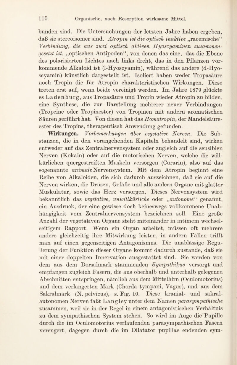 bunden sind. Die Untersuchungen der letzten Jahre haben ergeben, daß sie stereoisomer sind. Atropin ist die optisch inaktive „racemische“ Verbindung, die aus zwei optisch aktiven Hyoscyaminen zusammen- gesetzt ist, „optischen Antipoden“, von denen das eine, das die Ebene des polarisierten Lichtes nach links dreht, das in den Pflanzen vor- kommende Alkaloid ist (1-Hyoscyamin), während das andere (d-Hyo- scyamin) künstlich dargestellt ist. Isoliert haben weder Tropasäure noch Tropin die für Atropin charakteristischen Wirkungen. Diese treten erst auf, wenn beide vereinigt werden. Im Jahre 1879 glückte es Ladenburg, aus Tropasäure und Tropin wieder Atropin zu bilden, eine Synthese, die zur Darstellung mehrerer neuer Verbindungen (Tropeine oder Tropinester) von Tropinen mit andern aromatischen Säuren gerführt hat. Von diesen hat das Homatropin, der Mandelsäure- ester des Tropins, therapeutisch Anwendung gefunden. Wirkungen. Vorbemerkungen über vegetative Nerven. Die Sub- stanzen, die in den vorangehenden Kapiteln behandelt sind, wirken entweder auf das Zentralnervensystem oder zugleich auf die sensiblen Nerven (Kokain) oder auf die motorischen Nerven, welche die will- kürlichen quergestreiften Muskeln versorgen (Curarin), also auf das sogenannte animale Nervensystem. Mit dem Atropin beginnt eine Reihe von Alkaloiden, die sich dadurch auszeichnen, daß sie auf die Nerven wirken, die Drüsen, Gefäße und alle andern Organe mit glatter Muskulatur, sowie das Herz versorgen. Dieses Nervensystem wird bekanntlich das vegetative, unwillkürliche oder „autonome“ genannt, ein Ausdruck, der eine gewisse doch keineswegs vollkommene Unab- hängigkeit vom Zentralnervensystem bezeichnen soll. Eine große Anzahl der vegetativen Organe steht miteinander in intimem wechsel- seitigem Rapport. Wenn ein Organ arbeitet, müssen oft mehrere andere gleichzeitig ihre Mitwirkung leisten, in andern Fällen trifft man auf einen gegenseitigen Antagonismus. Die unablässige Regu- lierung der Funktion dieser Organe kommt dadurch zustande, daß sie mit einer doppelten Innervation ausgestattet sind. Sie werden von dem aus dem Dorsalmark stammenden Sympathikus versorgt und empfangen zugleich Fasern, die aus oberhalb und unterhalb gelegenen Abschnitten entspringen, nämlich aus dem Mittelhirn (Oculomotorius) und dem verlängerten Mark (Chorda tjunpani, Vagus), und aus dem Sakralmark (N. pelvicus), s. Fig. 10. Diese kranial- und sakral- autonomen Nerven faßt Langley unter dem Namen parasympathische zusammen, weil sie in der Regel in einem antagonistischen Verhältnis zu dem sympathischen System stehen. So ward im Auge die Pupille durch die im Oculomotorius verlaufenden parasympathischen Fasern verengert, dagegen durch die im Dilatator pupillae endenden sym-