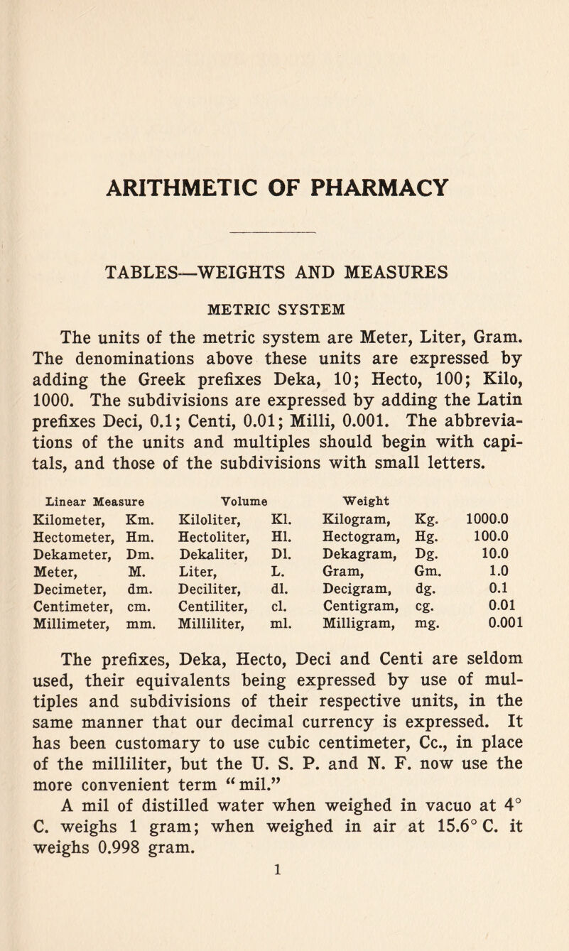 ARITHMETIC OF PHARMACY TABLES—WEIGHTS AND MEASURES METRIC SYSTEM The units of the metric system are Meter, Liter, Gram. The denominations above these units are expressed by adding the Greek prefixes Deka, 10; Hecto, 100; Kilo, 1000. The subdivisions are expressed by adding the Latin prefixes Deci, 0.1; Centi, 0.01; Milli, 0.001. The abbrevia- tions of the units and multiples should begin with capi- tals, and those of the subdivisions with small letters. Linear Measure Volume Weight Kilometer, Km. Kiloliter, Kl. Kilogram, Kg. 1000.0 Hectometer, Hm. Hectoliter, HI. Hectogram, Hg. 100.0 Dekameter, Dm. Dekaliter, Dl. Dekagram, Dg. 10.0 Meter, M. Liter, L. Gram, Gm. 1.0 Decimeter, dm. Deciliter, dl. Decigram, dg. 0.1 Centimeter, cm. Centiliter, cl. Centigram, eg. 0.01 Millimeter, mm. Milliliter, ml. Milligram, mg. 0.001 The prefixes, Deka, Hecto, Deci and Centi are seldom used, their equivalents being expressed by use of mul- tiples and subdivisions of their respective units, in the same manner that our decimal currency is expressed. It has been customary to use cubic centimeter, Cc., in place of the milliliter, but the U. S. P. and N. F. now use the more convenient term ^‘mil.” A mil of distilled water when weighed in vacuo at 4° C. weighs 1 gram; when weighed in air at 15.6° C. it weighs 0.998 gram.