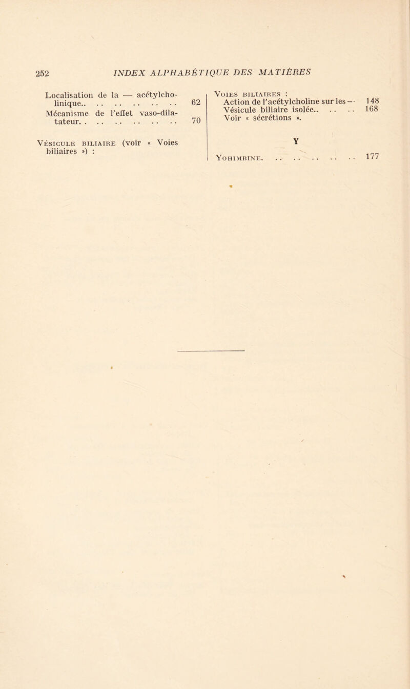 Localisation de la — acétylcho- linique 62 Mécanisme de l’effet vaso-dila- tateur 70 Vésicule biliaire (voir « Voies biliaires ») : Voies biliaires : Action de l’acétylcholine sur les -- 148 Vésicule biliaire isolée 168 Voir « sécrétions ». Y Yohimbine 177