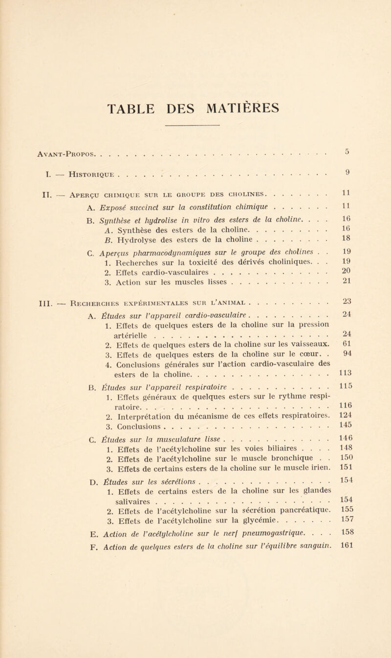 TABLE DES MATIÈRES Avant-Propos 5 T. — Historique 9 IT. — Aperçu chimique sur le groupe des cholines 11 A. Exposé succinct sur la constitution chimique 11 B. Synthèse et hydrolise in vitro des esters de la choline. ... 16 A. Synthèse des esters de la choline 16 B. Hydrolyse des esters de la choline 18 C. Aperçus pharmacodynamiques sur le groupe des cholines . . 19 1. Recherches sur la toxicité des dérivés choliniques. . . 19 2. Effets cardio-vasculaires 20 3. Action sur les muscles lisses 21 III. — Recherches expérimentales sur l’animal 23 A. Études sur l’appareil cardio-vasculaire 24 1. Effets de quelques esters de la choline sur la pression artérielle 24 2. Effets de quelques esters de la choline sur les vaisseaux. 61 3. Effets de quelques esters de la choline sur le cœur. . 94 4. Conclusions générales sur l’action cardio-vasculaire des esters de la choline 113 B. Études sur l’appareil respiratoire 115 1. Effets généraux de quelques esters sur le rythme respi- ratoire 118 2. Interprétation du mécanisme de ces effets respiratoires. 124 3. Conclusions 145 C. Études sur la musculature lisse 146 1. Effets de l’acétylcholine sur les voies biliaires .... 148 2. Effets de l’acétylcholine sur le muscle bronchique . . 150 3. Effets de certains esters de la choline sur le muscle irien. 151 D. Études sur les sécrétions 154 1. Effets de certains esters de la choline sur les glandes salivaires 454 2. Effets de l’acétylcholine sur la sécrétion pancréatique. 155 3. Effets de l’acétylcholine sur la glycémie 157 E. Action de l’acétylcholine sur le nerf pneumogastrique. . . . 158 F. Action de quelques esters de la choline sur l’équilibre sanguin. 161