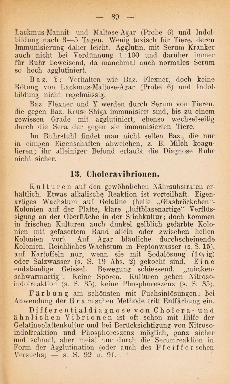 Lackmus-Mannit- und Maltose-Agar (Probe 6) urid Indol- bildung nach 3—5 Tagen. Wenig toxisch für Tiere, deren Immunisierung daher leicht. Agglutin. mit Serum Kranker auch nicht bei Verdünnung 1:100 und darüber immer für Ruhr beweisend, da manchmal auch normales Serum so hoch agglutiniert. B a z. Y: Verhalten wie Baz. Flexner, doch keine Rötung von Lackmus-Maltose-Agar (Probe 6) und Indol- bildung nicht regelmässig. Baz. Flexner und Y werden durch Serum von Tieren, die gegen Baz. Kruse-Shiga immunisiert sind, bis zu einem gewissen Grade mit agglutiniert, ebenso wechselseitig durch die Sera der gegen sie immunisierten Tiere. Im Ruhrstuhl findet man nicht selten Baz., die nur in einigen Eigenschaften abweichen, z. B. Milch koagu- lieren; ihr alleiniger Befund erlaubt die Diagnose Ruhr nicht sicher. 13. Choleravibrionen. Kulturen auf den gewöhnlichen Nährsubstraten er- hältlich. Etwas alkalische Reaktion ist vorteilhaft. Eigen- artiges Wachstum auf Gelatine (helle „Glasbröckchen“- Kolonien auf der Platte, klare ,duftblasenartige“ Verflüs- sigung an der Oberfläche in der Stichkultur; doch kommen in frischen Kulturen auch dunkel gelblich gefärbte Kolo- nien mit gefasertem Rand allein oder zwischen hellen Kolonien vor). Auf Agar bläuliche durchscheinende Kolonien. Reichliches Wachstum in Peptonwasser (s. S. 15), auf Kartoffeln nur, wenn sie mit Sodalösung (lo/0ig) oder Salzwasser (s. S. 19 Abs. 2) gekocht sind. Eine endständige Geissei. Bewegung schiessend, „mücken- schwarmartig“. Keine Sporen. Kulturen geben Nitroso- indolreaktion (s. S. 35), keine Phosphoreszenz (s. S. 35j. Färbung am schönsten mit Fuchsinlösungen; bei Anwendung der Gram sehen Methode tritt Entfärbung ein. Differentialdiagnose von Cholera - und ähnlichen Vibrionen ist oft schon mit Hilfe der Gelatineplattenkultur und bei Berücksichtigung von Nitroso- indolreaktion und Phosphoreszenz möglich, ganz sicher und schnell, aber meist nur durch die Serumreaktion in Form der Agglutination (oder auch des Pfeifferschen Versuchs; — s. S. 92' u. 91.