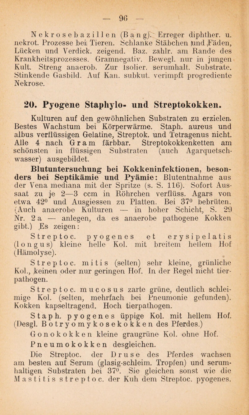 90 Nekrosebazillen (Ban gJT Erreger diphtlier. u. nekrot. Prozesse beii Tieren. Schlanke Stäbchen fand (Fäden, Lücken und Verdick, zeigend. Baz. zahlr. am Rande des Krankheitsprozesses. Gramnegativ. Bewegl. nur in jungen Kult. Streng anaerob. Zur Isolier, serumhalt. Substrate. Stinkende Gasbild. Auf Kan. subkut. verimpft progrediente Nekrose. 20. Pyogene Staphylo- und Streptokokken. Kulturen auf den gewöhnlichen Substraten zu erzielen. Bestes Wachstum bei Körperwärme. Staph. aureus und albus verflüssigen Gelatine, Streptok. und Tetragenus nicht. Alle 4 nach Gram färbbar. Streptokokkenketten am schönsten in flüssigen Substraten (auch Agarquetsch- wasser) ausgebildet. Blutuntersuchung bei Kokkeninfektionen, beson- ders bei Septikämie und Pyämie: Blutentnahme aus der Vena mediana mit der Spritze (s. S. 116). Sofort Aus- saat zu je 2—3 ccm in Röhrchen verflüss. Agars von etwa 42° und Ausgiessen zu Platten. Bei 37° bebrüten. (Auch anaerobe Kulturen — in hoher Schicht, S. 29 Nr. 2 a — anlegen, da es anaerobe pathogene Kokken gibt.) Es zeigen: Streptoc. pyogenes et erysipelatis (1 o n g u s) kleine helle Kol. mit breitem hellem Hof (Hämolyse). Streptoc. m i t i s (selten) sehr kleine, grünliche Kol., keinen oder nur geringen Hof. In der Regel nicht tier- pathogen. Streptoc. mucosus zarte grüne, deutlich schlei- mige Kol. (selten, mehrfach bei Pneumonie gefunden). Kokken kapseltragend. Hoch tierpathogen. Staph. pyogenes üppige Kol. mit hellem Hof. (Desgl. Botryomykosekokken des Pferdes.) Gonokokken kleine graugrüne Kol. ohne Hof. Pneumokokken desgleichen. Die Streptoc. der Druse des Pferdes wachsen am besten auf Serum (glasig-schleim. Tropfen) und serum- haltigen Substraten bei 37°. Sie gleichen sonst wie die Mastitis streptoc. der Kuh dem Streptoc. pyogenes.