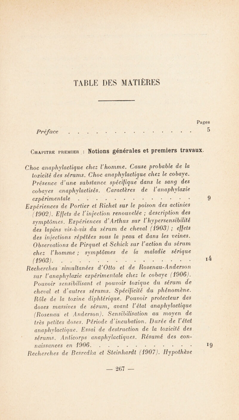 Préface Pages 5 Chapitre premier : Notions générales et premiers travaux. Choc anaphylactique chez l’homme. Cause probable de la toxicité des sérums. Choc anaphylactique chez le cobaye. Présence d’une substance spécifique dans le sang des cobayes anaphylactisés. Caractères de l anaphylaxie expérimentale 9 Expériences de Portier et Richet sur le poison des actinies (1902). Effets de l’injection renouvelée ; description des symptômes. Expériences d Arthus sur l hypersensibilité des lapins vis-à-vis du sérum de cheval (1903); effets des injections répétées sous la peau et dans les veines. Observations de Pirquet et Schick sur l action du sérum chez l’homme ; symptômes de la maladie serique (1903) l4 Recherches simultanées d’Otto et de Rosenau-Anderson sur Vanaphylaxie expérimentale chez le cobaye (1906). Pouvoir sensibilisant et pouvoir toxique du sérum de cheval et d’autres sérums. Spécificité du phénomène. Rôle de la toxine diphtérique. Pouvoir protecteur des doses massives de sérum, avant l’état anaphylactique (Rosenau et Anderson). Sensibilisation au moyen de très petites doses. Période d'incubation. Durée de l’état anaphylactique. Essai de destruction de la toxicité des sérums. Anticorps anaphylactiques. Résumé des con- naissances en 1906 19 Recherches de Resredka et Steinhardt (1907). Hypothèse