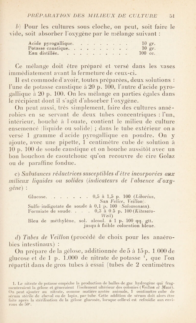 b) Pour les cultures sous cloche, on peut, soit faire le vide, soit absorber l’oxygène par le mélange suivant : Acide p3u*ogallique. 10 gr. Potasse caustique. 10 gr. Eau distillée. 100 cc. Ce mélange doit être préparé et versé dans les vases immédiatement avant la fermeture de ceux-ci. Il est commode d’avoir, toutes préparées, deux solutions : Tune de potasse caustique à 20 p. 100, l’autre d’acide pyro¬ gallique à 20 p. 100. On les mélange en parties égales dans le récipient dont il s’agit d’absorber l’oxygène. On peut aussi, très simplement, faire des cultures anaé¬ robies en se servant de deux tubes concentriques : l’un, intérieur, bouché à l'ouate, contient le milieu de culture ensemencé (liquide ou solide) ; dans le tube extérieur on a versé 1 gramme d’acide pyrogallique en poudre. On y ajoute, avec une pipette, 1 centimètre cube de solution à 10 p. 100 de soude caustique et on bouche aussitôt avec un bon bouchon de caoutchouc qu’on recouvre de cire Golaz ou de paraffine fondue. c) Substances rédactrices susceptibles d'être incorporées aux milieux liquides ou solides (indicateurs de l'absence d'oxy¬ gène) : Glucose.0,5 à 1,5 p. 100 (Liborias, San Felice, Veillon). Sulfo indigotate de soude à 0,1 p. 100 i Salomonsen). Formiale de soude. . . . 0,3 à 0.5 p. 100 (Kitasato- Weil) Bleu de méthylène, sol. alcool, à 1 p. 100 qq. gtt. jusqu à faible coloration bleue. d) Tubes de Veillon (procédé de choix pour les anaéro¬ bies intestinaux) : On prépare delà gélose, additionnée de5 à 15p. 1 000 de glucose et de 1 p. 1.000 de nitrate dépotasse d, cpte l’on répartit dans de gros tubes à essai (tubes de 2 centimètres 1. Le nitrate de potasse empêche la production de bulles de gaz hydrogène qui frag¬ menteraient la gélose et gêneraient l’isolement ultérieur des colonies ( Veillon et Mazé). On peut ajouter au nitrate, comme matière azotée animale, 1 centimètre cube de sérum stérile de cheval ou de lapin, par tube Cette addition de sérum doit alors être faite après la stérilisation de la gélose glueosée, lorsque celle-ci est refroidie aux envi¬ rons de 50°.