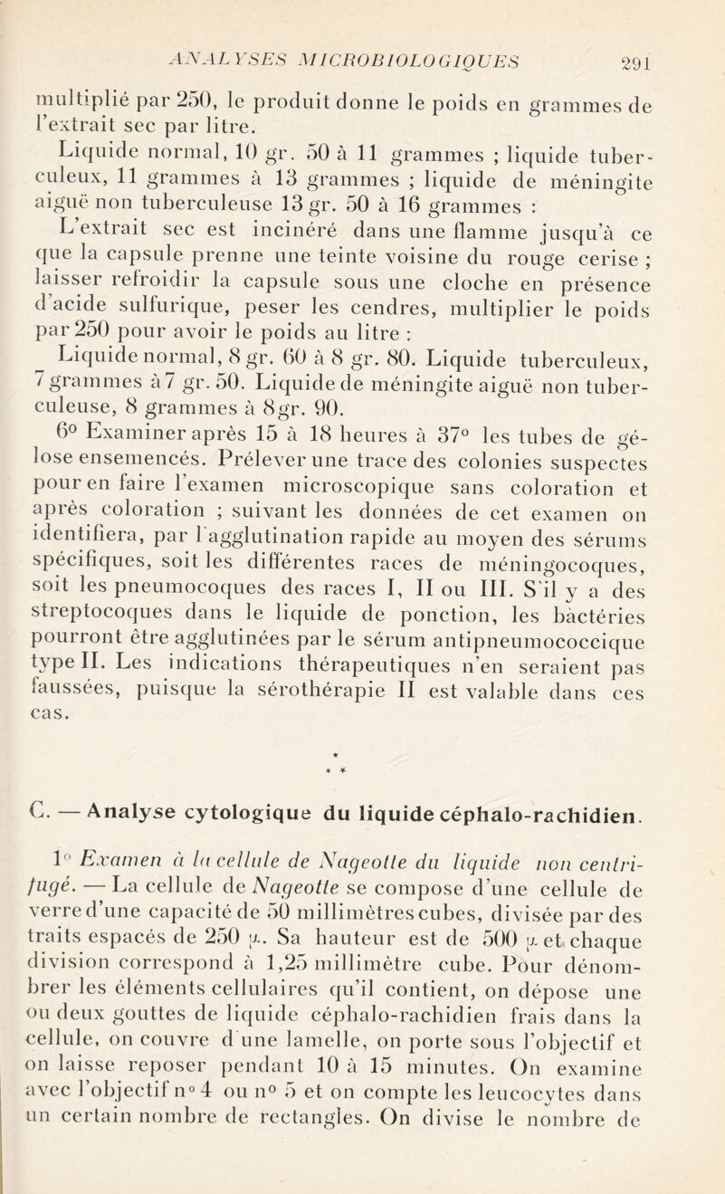 multiplié par 250, le produit donne le poids en grammes de l’extrait sec par litre. Liquide normal, 10 gr. 50 à 11 grammes ; liquide tuber¬ culeux, 11 grammes à 13 grammes ; liquide de méningite aiguë non tuberculeuse 13 gr. 50 à 16 grammes : L’extrait sec est incinéré dans une flamme jusqu’à ce que la capsule prenne une teinte voisine du rouge cerise ; laisser refroidir la capsule sous une cloche en présence d acide sulfurique, peser les cendres, multiplier le poids par 250 pour avoir le poids au litre : Liquide normal, 8 gr. 60 à 8 gr. 80. Liquide tuberculeux, 7 grammes à? gr. 50. Liquide de méningite aiguë non tuber¬ culeuse, 8 grammes à 8gr. 90. 6° Examiner après 15 à 18 heures à 37° les tubes de gé¬ lose ensemencés. Prélever une trace des colonies suspectes pour en faire l’examen microscopique sans coloration et apiès coloration ; suivant les données de cet examen on identifiera, par l'agglutination rapide au moyen des sérums spécifiques, soit les différentes races de méningocoques, soit les pneumocoques des races I, II ou III. S'il y a des streptocoques dans le liquide de ponction, les bactéries pourront être agglutinées par le sérum antipneumococcique type IL Les indications thérapeutiques n’en seraient pas faussées, puisque la sérothérapie II est valable dans ces cas. ★ G. — Analyse cytologique du liquide céphalo-rachidien. 1° Examen à la cellule de Nageotte du liquide non centri¬ fugé. — La cellule de Nageotte se compose d’une cellule de verred’une capacitéde 50 millimètres cubes, divisée par des traits espacés de 250 a. Sa hauteur est de 500 tx et chaque division correspond à 1,25 millimètre cube. Pour dénom¬ brer les éléments cellulaires qu’il contient, on dépose une ou deux gouttes de liquide céphalo-rachidien frais dans la cellule, on couvre d une lamelle, on porte sous l’objectif et on laisse reposer pendant 10 à 15 minutes. On examine avec l’objectif n° 4 ou n° 5 et on compte les leucocytes dans un certain nombre de rectangles. On divise le nombre de