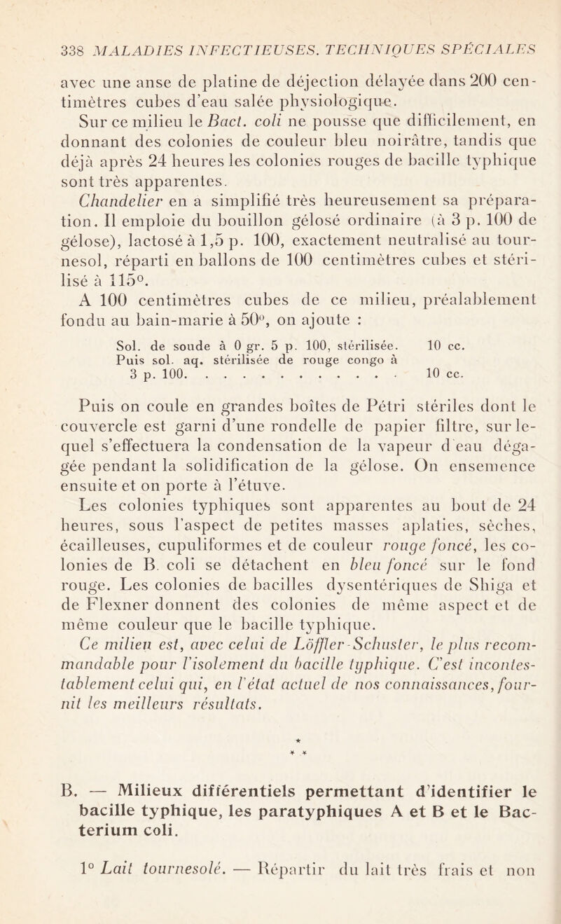 avec une anse de platine de déjection délayée dans 200 cen¬ timètres cubes d’eau salée physiologique. Sur ce milieu le Sac/, coli ne pousse que difficilement, en donnant des colonies de couleur bleu noirâtre, tandis que déjà après 24 heures les colonies rouges de bacille typhique sont très apparentes. Chandelier en a simplifié très heureusement sa prépara¬ tion. 11 emploie du bouillon gélosé ordinaire (à 3 p. 100 de gélose), lactosé à 1,5 p. 100, exactement neutralisé au tour¬ nesol, réparti en ballons de 100 centimètres cubes et stéri¬ lisé à 115°. A 100 centimètres cubes de ce milieu, préalablement fondu au bain-marie à 50°, on ajoute : Sol. de soude à 0 gr. 5 p. 100, stérilisée. 10 ce. Puis sol. aq. stérilisée de rouge congo à 3 p. 100. 10 ce. Puis on coule en grandes boîtes de Pétri stériles dont le couvercle est garni d’une rondelle de papier filtre, sur le¬ quel s’effectuera la condensation de la vapeur d eau déga¬ gée pendant la solidification de la gélose. On ensemence ensuite et on porte à l’étuve. Les colonies typhiques sont apparentes au bout de 24 heures, sous l’aspect de petites masses aplaties, sèches, écailleuses, cupuliformes et de couleur rouge foncé, les co¬ lonies de B. coli se détachent en bien foncé sur le fond rouge. Les colonies de bacilles dysentériques de Shiga et de Flexner donnent des colonies de même aspect et de même couleur que le bacille typhique. Ce milieu est, avec celui de Lôffler-Schuster, le pins recom¬ mandable pour l'isolement du bacille typhique. C'est incontes¬ tablement celui qui, en l'état actuel de nos connaissances, four¬ nit les meilleurs résultats. B. — Milieux différentiels permettant d’identifier le bacille typhique, les paratyphiques A et B et le Bac- terium coli. 1° Lait tournesolé. — Répartir du lait très frais et non