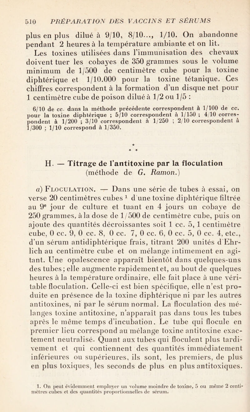 plus en plus dilué à 9/10, 8/10..., 1/10. On abandonne pendant 2 heures à la température ambiante et on lit. Les toxines utilisées dans l’immunisation des chevaux doivent tuer les cobayes de 350 grammes sous le volume minimum de 1/500 de centimètre cube pour la toxine diphtérique et 1/10.000 pour la toxine tétanique. Ces chiffres correspondent à la formation d’un disque net pour 1 centimètre cube de poison dilué à 1/2 ou 1/5 : 6/10 de cc. dans la méthode précédente correspondent à 1/100 de cc. pour la toxine diphtérique ; 5/10 correspondent à 1/150 ; 4/10 corres¬ pondent à 1/200 ; 3/10 correspondent à 1/250 ; 2/10 correspondent à 1/300 ; 1/10 correspond à 1/350. * ★ * H. — Titrage de l’antitoxine par la floculation (méthode de G. Ramon.) a) Floculation. — Dans une série de tubes à essai, on verse 20 centimètres cubes 1 d une toxine diphtérique filtrée au 9e jour de culture et tuant en 4 jours un cobaye de 250 grammes, à la dose de 1/500 de centimètre cube, puis on ajoute des quantités décroissantes soit 1 cc. 5, 1 centimètre cube, 0 cc. 9, 0 cc. 8, 0 cc. 7, 0 cc. 6, 0 cc. 5, 0 cc. 4, etc., d’un sérum antidiphtérique frais, titrant 200 unités d Ehr- lich au centimètre cube et on mélange intimement en agi¬ tant. Une opalescence apparaît bientôt dans quelques-uns des tubes ; elle augmente rapidement et, au bout de quelques heures à la température ordinaire, elle fait place à une véri¬ table floculation. Celle-ci est bien spécifique, elle n’est pro¬ duite en présence de la toxine diphtérique ni par les autres antitoxines, ni par le sérum normal. La floculation des mé¬ langes toxine antitoxine, n’apparaît pas dans tous les tubes après le même temps d’incubation. Le tube qui flocule en premier lieu correspond au mélange toxine antitoxine exac¬ tement neutralisé. Quant aux tubes qui floculent plus tardi¬ vement et qui contiennent des quantités immédiatement inférieures ou supérieures, ils sont, les premiers, de plus en plus toxiques, les seconds de plus en plus antitoxiques. 1. On peut évidemment employer un volume moindre de toxine, 5 ou même 2 centi¬ mètres cubes et des quantités proportionnelles de sérum.