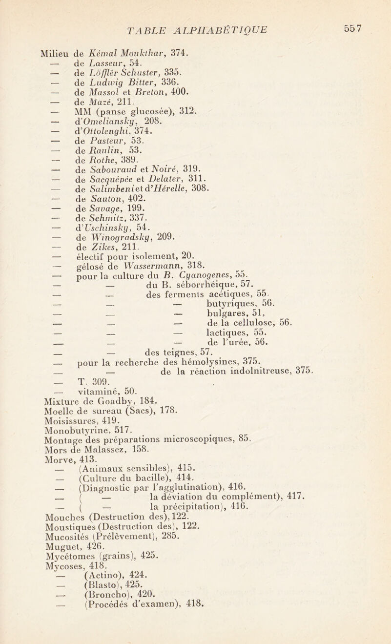 Milieu de Kémal Moukthar, 374. — de Lasseur, 54. — de Lôffl'èr Schuster, 335. — de Ludwig Bitter, 336. — de Massol et Breton, 400. — de Mazé, 211. — MM (panse glucosée), 312. — d Omeliansky, 208. — AOttolenghi, 374. — de Pasteur, 53. — de Raulin, 53. — de Rothe, 389. — de Sabouraud et Noire, 319. — de Sacquépée et Delater, 311. — de Salimbenietd’Hérelle, 308. — de Sauton, 402. — de Savage, 199. — de Schmitz, 337. — d'Uschinsky, 54. — de Wmogradsky, 209. — de Zikes, 211. — électif pour isolement, 20. — gélosé de Wassermann, 318. — pour la culture du B. Cyanogènes, 55. — — du B. séborrhéique, 57. — — des ferments acétiques, 55 — — — butyriques, 56. — — — bulgares, 51, — — — de la cellulose, 56. — — — lactiques, 55. — — — de l'urée, 56. — — des teignes, 57. — pour la recherche des hémolysines, 375. _ — de la réaction indolnitreuse, 375. — T. 309. — vitaminé, 50. Mixture de Goadby, 184. Moelle de sureau (Sacs), 178. Moisissures, 419. Monobutyrine, 517. Montage des préparations microscopiques, 85. Mors de Malassez, 158. Morve, 413. — (Animaux sensibles), 415. — (Culture du bacille), 414. — (Diagnostic par l'agglutination), 416. _ ( — la déviation du complément), 417. — ( — la précipitation), 416. Mouches (Destruction des), 122. Moustiques (Destruction des), 122. Mucosités (Prélèvement), 285. Muguet, 426. Mycétomes (grains), 425. Mycoses, 418. — (Actino), 424. — (Blasto), 425. — (Broncho), 420. — (Procédés d’examen), 418.