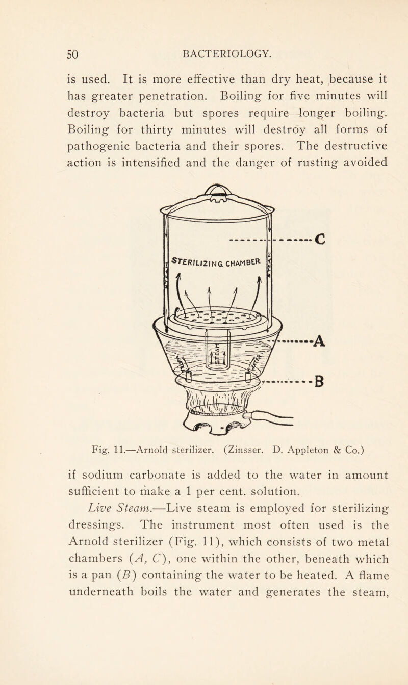 is used. It is more effective than dry heat, because it has greater penetration. Boiling for five minutes will destroy bacteria but spores require longer boiling. Boiling for thirty minutes will destroy all forms of pathogenic bacteria and their spores. The destructive action is intensified and the danger of rusting avoided Fig. 11.—Arnold sterilizer. (Zinsser. D. Appleton & Co.) if sodium carbonate is added to the water in amount sufficient to make a 1 per cent, solution. Live Steam.—Live steam is employed for sterilizing dressings. The instrument most often used is the Arnold sterilizer (Fig. 11), which consists of two metal chambers (A, C), one within the other, beneath which is a pan (B) containing the water to be heated. A flame underneath boils the water and generates the steam,