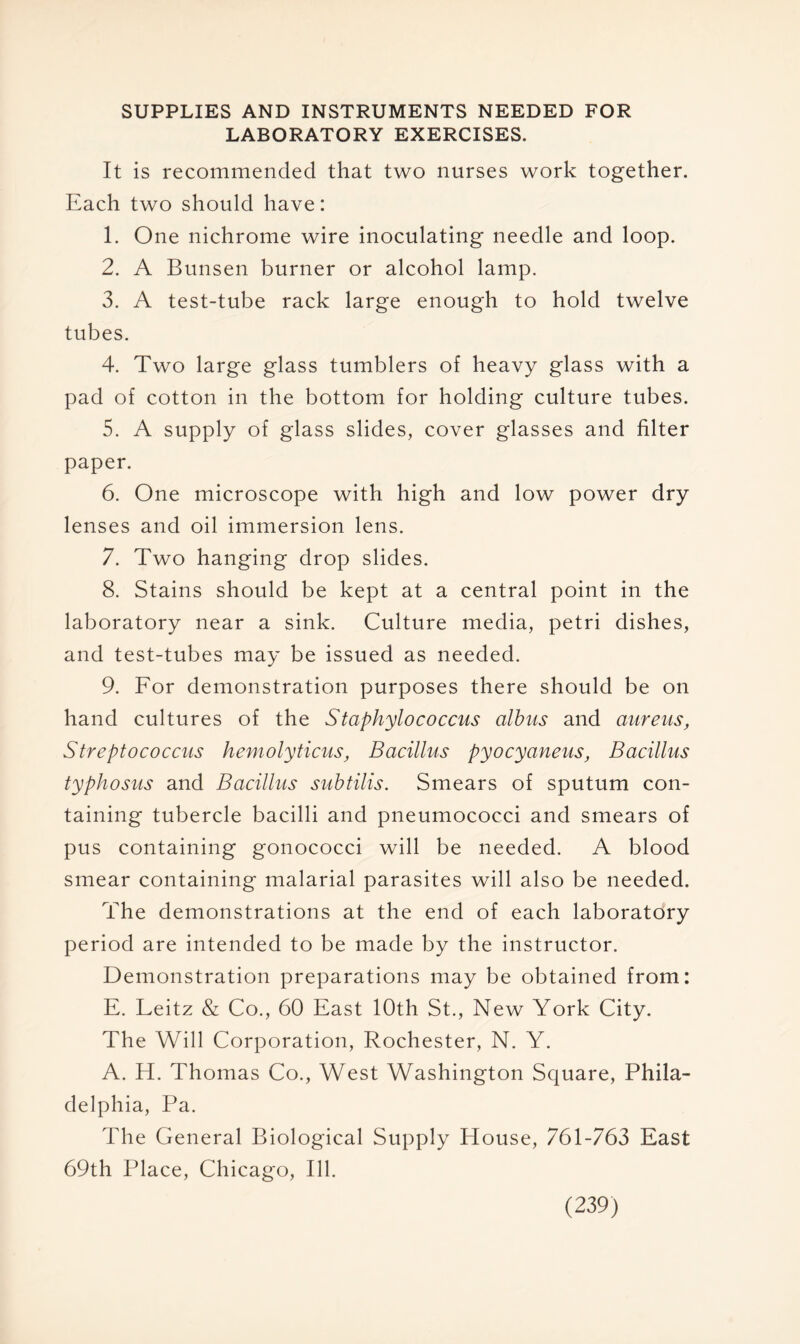 SUPPLIES AND INSTRUMENTS NEEDED FOR LABORATORY EXERCISES. It is recommended that two nurses work together. Each two should have: 1. One nichrome wire inoculating needle and loop. 2. A Bunsen burner or alcohol lamp. 3. A test-tube rack large enough to hold twelve tubes. 4. Two large glass tumblers of heavy glass with a pad of cotton in the bottom for holding culture tubes. 5. A supply of glass slides, cover glasses and filter paper. 6. One microscope with high and low power dry lenses and oil immersion lens. 7. Two hanging drop slides. 8. Stains should be kept at a central point in the laboratory near a sink. Culture media, petri dishes, and test-tubes may be issued as needed. 9. For demonstration purposes there should be on hand cultures of the Staphylococcus albus and aureus, Streptococcus hemolyticus, Bacillus pyocyaneus, Bacillus typhosus and Bacillus subtilis. Smears of sputum con- taining tubercle bacilli and pneumococci and smears of pus containing gonococci will be needed. A blood smear containing malarial parasites will also be needed. The demonstrations at the end of each laboratory period are intended to be made by the instructor. Demonstration preparations may be obtained from: E. Leitz & Co., 60 East 10th St., New York City. The Will Corporation, Rochester, N. Y. A. H. Thomas Co., West Washington Square, Phila- delphia, Pa. The General Biological Supply House, 761-763 East 69th Place, Chicago, 111.