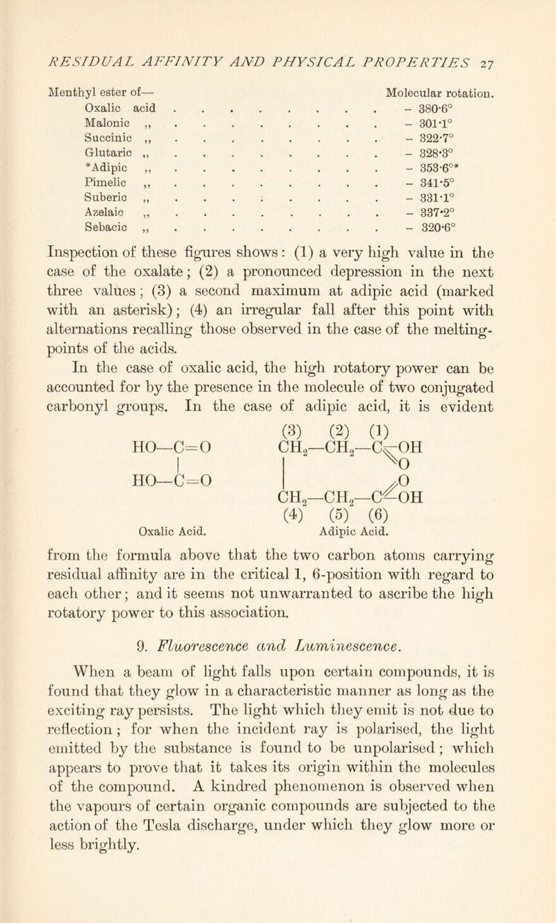 Menthyl ester of— Oxalic acid Malonic ,, Succinic ,, Glutaric ,, * Adipic ,, Pimelic ,, Suberic ,, Azelaic ,, Sebacic ,, Molecular rotation. - 380-6° - 301-1° - 322-7° - 328-3° - 353-6°* - 341-5° - 331-1° - 337-2° - 320-6° Inspection of these figures shows : (1) a very high value in the case of the oxalate; (2) a pronounced depression in the next three values; (3) a second maximum at adipic acid (marked with an asterisk); (4) an irregular fall after this point with alternations recalling those observed in the case of the melting- points of the acids. In the case of oxalic acid, the high rotatory power can be accounted for by the presence in the molecule of two conjugated carbonyl groups. In the case of adipic acid, it is evident HO—C- O 1 HO—C=0 Oxalic Acid. (3) (2) (i) CHr -ch2- -Ck-OH X) ch2- -ch2- y> —C—OH (4) (5) (6) Adipic Acid. from the formula above that the two carbon atoms carrying residual affinity are in the critical 1, 6-position with regard to each other; and it seems not unwarranted to ascribe the high rotatory power to this association. 9. Fluorescence and Luminescence. When a beam of light falls upon certain compounds, it is found that they glow in a characteristic manner as long as the exciting ray persists. The light which they emit is not due to reflection; for when the incident ray is polarised, the light emitted by the substance is found to be unpolarised; which appears to prove that it takes its origin within the molecules of the compound. A kindred phenomenon is observed when the vapours of certain organic compounds are subjected to the action of the Tesla discharge, under which they glow more or less brightly.