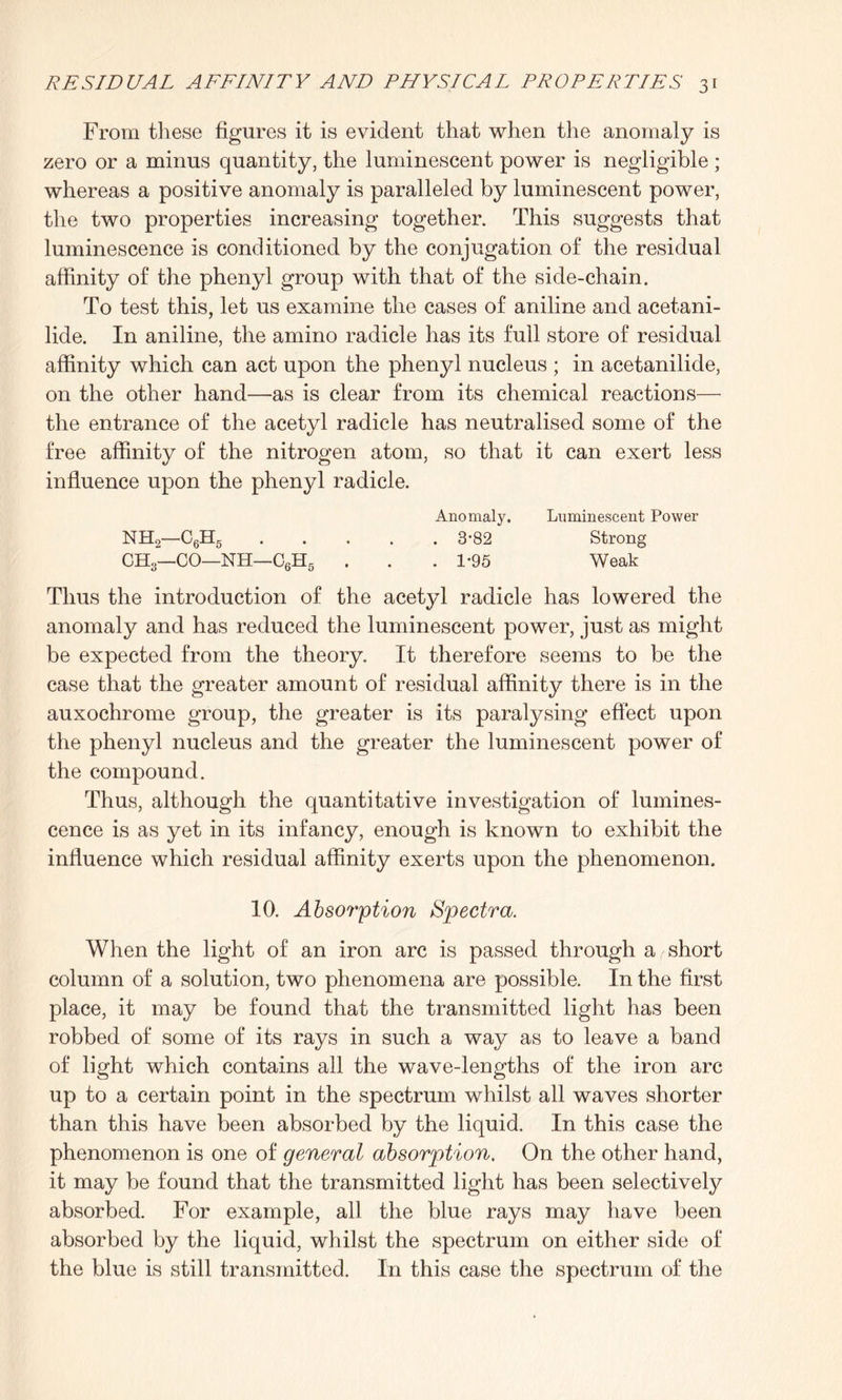 From these figures it is evident that when the anomaly is zero or a minus quantity, the luminescent power is negligible ; whereas a positive anomaly is paralleled by luminescent power, the two properties increasing together. This suggests that luminescence is conditioned by the conjugation of the residual affinity of the phenyl group with that of the side-chain. To test this, let us examine the cases of aniline and acetani¬ lide. In aniline, the amino radicle has its full store of residual affinity which can act upon the phenyl nucleus ; in acetanilide, on the other hand—as is clear from its chemical reactions— the entrance of the acetyl radicle has neutralised some of the free affinity of the nitrogen atom, so that it can exert less influence upon the phenyl radicle. Anomaly, Luminescent Power NH2—C6H5.3’82 Strong CH3—CO—NH—C6H5 . . .1*95 Weak Thus the introduction of the acetyl radicle has lowered the anomaly and has reduced the luminescent power, just as might be expected from the theory. It therefore seems to be the case that the greater amount of residual affinity there is in the auxochrome group, the greater is its paralysing effect upon the phenyl nucleus and the greater the luminescent power of the compound. Thus, although the quantitative investigation of lumines¬ cence is as yet in its infancy, enough is known to exhibit the influence which residual affinity exerts upon the phenomenon. 10. Absorption Spectra. When the light of an iron arc is passed through a short column of a solution, two phenomena are possible. In the first place, it may be found that the transmitted light has been robbed of some of its rays in such a way as to leave a band of light which contains all the wave-lengths of the iron arc up to a certain point in the spectrum whilst all waves shorter than this have been absorbed by the liquid. In this case the phenomenon is one of general absorption. On the other hand, it may be found that the transmitted light has been selectively absorbed. For example, all the blue rays may have been absorbed by the liquid, whilst the spectrum on either side of the blue is still transmitted. In this case the spectrum of the