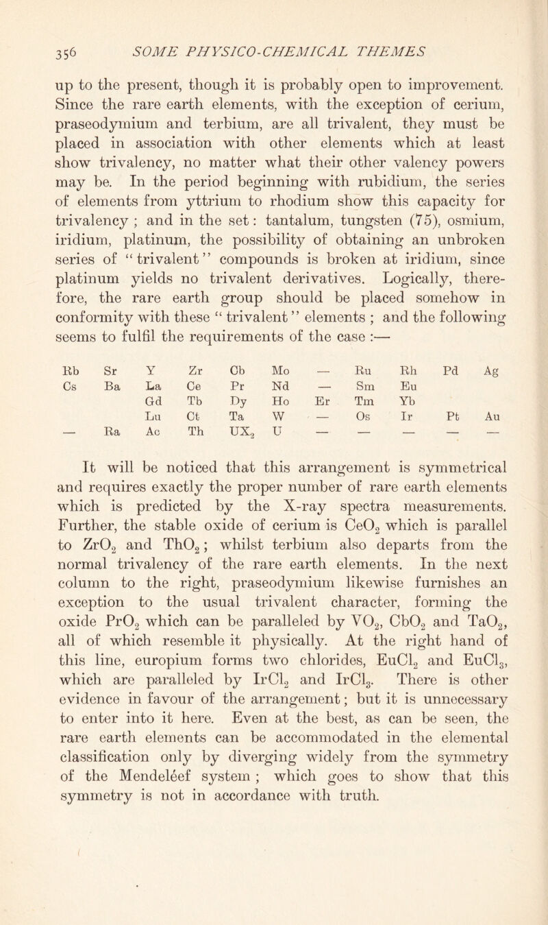 up to the present, though it is probably open to improvement. Since the rare earth elements, with the exception of cerium, praseodymium and terbium, are all trivalent, they must be placed in association with other elements which at least show tri valency, no matter what their other valency powers may be. In the period beginning with rubidium, the series of elements from yttrium to rhodium show this capacity for tri valency ; and in the set: tantalum, tungsten (75), osmium, iridium, platinum, the possibility of obtaining an unbroken series of “trivalent” compounds is broken at iridium, since platinum yields no trivalent derivatives. Logically, there¬ fore, the rare earth group should be placed somehow in conformity with these “ trivalent ” elements ; and the following seems to fulfil the requirements of the case :— Rb Sr Y Zr Ob Mo — Ru Rh Pd Ag Cs Ba Ba Ce Pr Nd — Sm Eu Gd Tb % Ho Er Tm Yb Lu Ct Ta W — Os Ir Pt Au — Ra Ac Th UX9 U — — — — — It will be noticed that this arrangement is symmetrical and requires exactly the proper number of rare earth elements which is predicted by the X-ray spectra measurements. Further, the stable oxide of cerium is Ce02 which is parallel to Zr02 and Th02; whilst terbium also departs from the normal trivalency of the rare earth elements. In the next column to the right, praseodymium likewise furnishes an exception to the usual trivalent character, forming the oxide Pr02 which can be paralleled by V02, Cb02 and Ta02, all of which resemble it physically. At the right hand of this line, europium forms two chlorides, EuC12 and EuC13, which are paralleled by IrCl2 and IrCl3. There is other evidence in favour of the arrangement; but it is unnecessary to enter into it here. Even at the best, as can be seen, the rare earth elements can be accommodated in the elemental classification only by diverging widely from the symmetry of the Mendeleef system ; which goes to show that this symmetry is not in accordance with truth. <