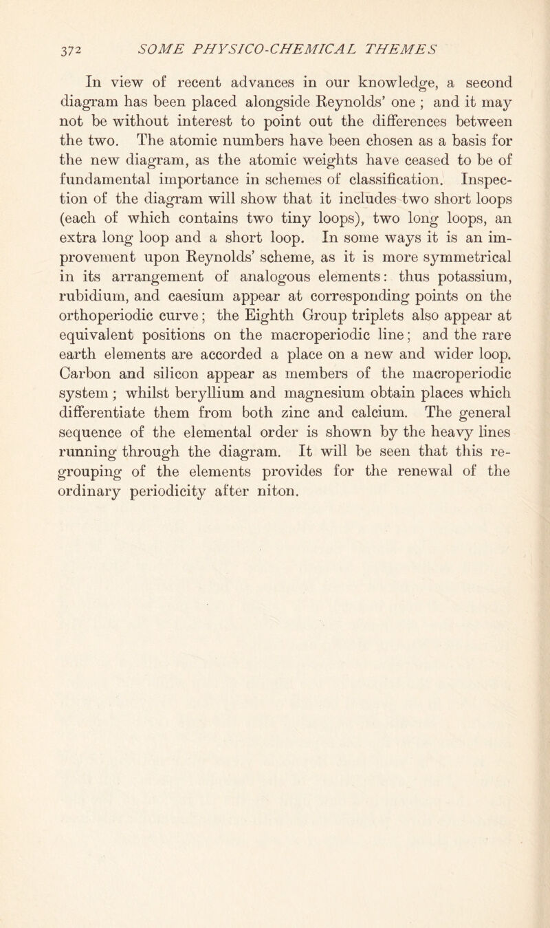 In view of recent advances in our knowledge, a second diagram has been placed alongside Reynolds’ one ; and it may not be without interest to point out the differences between the two. The atomic numbers have been chosen as a basis for the new diagram, as the atomic weights have ceased to be of fundamental importance in schemes of classification. Inspec¬ tion of the diagram will show that it includes two short loops (each of which contains two tiny loops), two long loops, an extra long loop and a short loop. In some ways it is an im¬ provement upon Reynolds’ scheme, as it is more symmetrical in its arrangement of analogous elements: thus potassium, rubidium, and caesium appear at corresponding points on the orthoperiodic curve; the Eighth Group triplets also appear at equivalent positions on the macroperiodic line; and the rare earth elements are accorded a place on a new and wider loop. Carbon and silicon appear as members of the macroperiodic system ; whilst beryllium and magnesium obtain places which differentiate them from both zinc and calcium. The general sequence of the elemental order is shown by the heavy lines running through the diagram. It will be seen that this re¬ grouping of the elements provides for the renewal of the ordinary periodicity after niton.