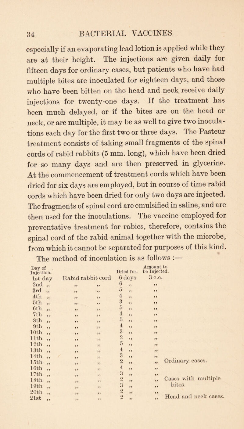 especially if an evaporating lead lotion is applied while they are at their height. The injections are given daily for fifteen days for ordinary cases, but patients who have had multiple bites are inoculated for eighteen days, and those who have been bitten on the head and neck receive daily injections for twenty-one days. If the treatment has been much delayed, or if the bites are on the head or neck, or are multiple, it may be as well to give two inocula- tions each day for the first two or three days. The Pasteur treatment consists of taking small fragments of the spinal cords of rabid rabbits (5 mm. long), which have been dried for so many days and are then preserved in glycerine. At the commencement of treatment cords which have been dried for six days are employed, but in course of time rabid cords which have been dried for only two days are injected. The fragments of spinal cord are emulsified in saline, and are then used for the inoculations. The vaccine employed for preventative treatment for rabies, therefore, contains the spinal cord of the rabid animal together with the microbe, from which it cannot be separated for purposes of this kind. The method of inoculation is as follows :— Day of Injection. 1st day 2nd ,, 3rd ,, 4th ,, 5th ,, 6th ,, 7th ,, 8th ,, 9th ,, 10th ,, 11th „ 12th „ 13th ,, 14th ,, 15th ,, 16th ,, 17th ,, 18th ,, 19th ,, 20th „ 21st ,, Dried for. Rabid rabbit cord 6 days 9 9 99 9 9 99 99 5 99 99 9 9 4 99 9 9 99 3 99 99 9 9 5 99 99 99 4 99 9 9 99 5 99 9 9 99 4 99 99 99 3 99 2 99 99 9 9 99 99 5 99 99 99 4 99 99 99 3 99 9 99 99 99 99 99 4 99 9 9 9 9 3 9 9 9 9 9 9 2 99 99 99 3 99 9 99 99 9 9 9 99 9 9 W 9 9 Amount to be Injected. 3 c.c. 99 9 9 99 9 9 99 9 99 99 9 9 99 99 99 99 „ Ordinary cases. 99 99 ,, Cases with multiple ,, bites. 9 9 99 Head and neck cases.