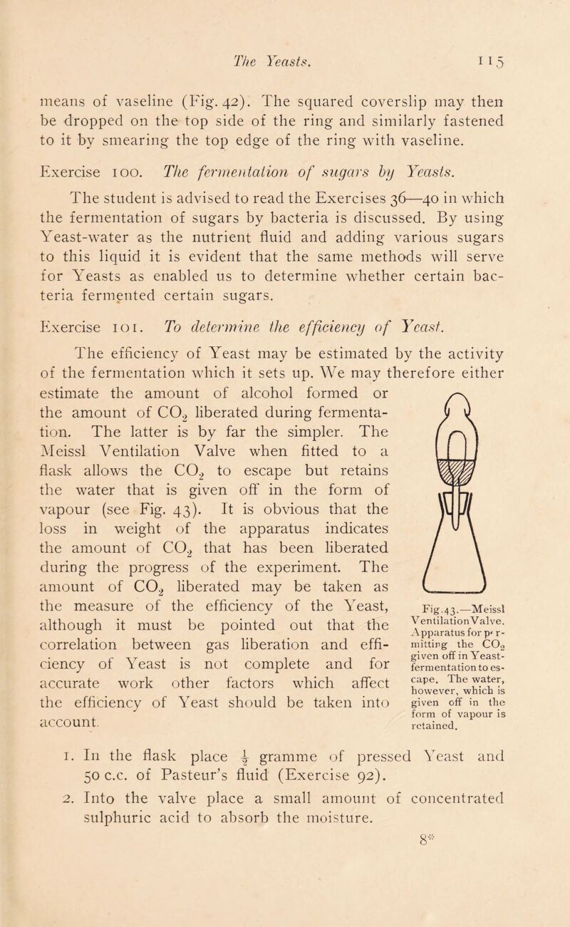 means of vaseline (Fig. 42). The squared coverslip may then be dropped on the top side of the ring and similarly fastened to it by smearing the top edge of the ring with vaseline. Exercise 100. The fermentation of sugars by Yeasts. The student is advised to read the Exercises 36—40 in which the fermentation of sugars by bacteria is discussed. By using Yeast-water as the nutrient fluid and adding various sugars to this liquid it is evident that the same methods will serve for Yeasts as enabled us to determine whether certain bac- teria fermented certain sugars. Exercise 101. To determine the efficiency of Yeast. The efficiency of Yeast may be estimated by the activity of the fermentation which it sets up. We may therefore either estimate the amount of alcohol formed or the amount of C09 liberated during fermenta- tion. The latter is by far the simpler. The Meissl Ventilation Valve when fitted to a flask allows the C02 to escape but retains the water that is given off in the form of vapour (see Fig. 43). It is obvious that the loss in weight of the apparatus indicates the amount of CO,2 that has been liberated during the progress of the experiment. The amount of C02 liberated may be taken as the measure of the efficiency of the Yeast, although it must be pointed out that the correlation between gas liberation and effi- ciency of Yeast is not complete and for accurate work other factors which affect the efficiency of Yeast should be taken into account. 1. I11 the flask place \ gramme of pressed Yeast and 50 c.c. of Pasteur’s fluid (Exercise 92). 2. Into the valve place a small amount of concentrated sulphuric acid to absorb the moisture. 8* Fig. 43.—Meissl Ventilation V alve. Apparatus for p< r- mitting the C02 given off in Yeast- fermentation to es- cape. The water, however, which is given off in the form of vapour is retained.