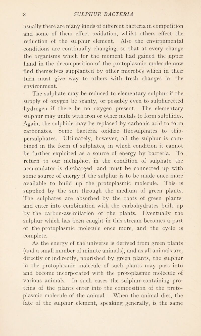 usually there are many kinds of different bacteria in competition and some of them effect oxidation, whilst others effect the reduction of the sulphur element. Also the environmental conditions are continually changing, so that at every change the organisms which for the moment had gained the upper hand in the decomposition of the protoplasmic molecule now find themselves supplanted by other microbes which in their turn must give way to others with fresh changes in the environment. The sulphate may be reduced to elementary sulphur if the supply of oxygen be scanty, or possibly even to sulphuretted hydrogen if there be no oxygen present. The elementary sulphur may unite with iron or other metals to form sulphides. Again, the sulphide may be replaced by carbonic acid to form carbonates. Some bacteria oxidize thiosulphates to thio- persulphates. Ultimately, however, all the sulphur is com- bined in the form of sulphates, in which condition it cannot be further exploited as a source of energy by bacteria. To return to our metaphor, in the condition of sulphate the accumulator is discharged, and must be connected up with some source of energy if the sulphur is to be made once more available to build up the protoplasmic molecule. This is supplied by the sun through the medium of green plants. The sulphates are absorbed by the roots of green plants, and enter into combination with the carbohydrates built up by the earbon-assimilation of the plants. Eventually the sulphur which has been caught in this stream becomes a part of the protoplasmic molecule once more, and the eycle is complete. As the energy of the universe is derived from green plants (and a small number of minute animals), and as all animals are, directly or indirectly, nourished by green plants, the sulphur in the protoplasmic molecule of such plants may pass into and become incorporated with the protoplasmic molecule of various animals. In such cases the sulphur-containing pro- teins of the plants enter into the composition of the proto- plasmic molecule of the animal. When the animal dies, the fate of the sulphur element, speaking generally, is the same