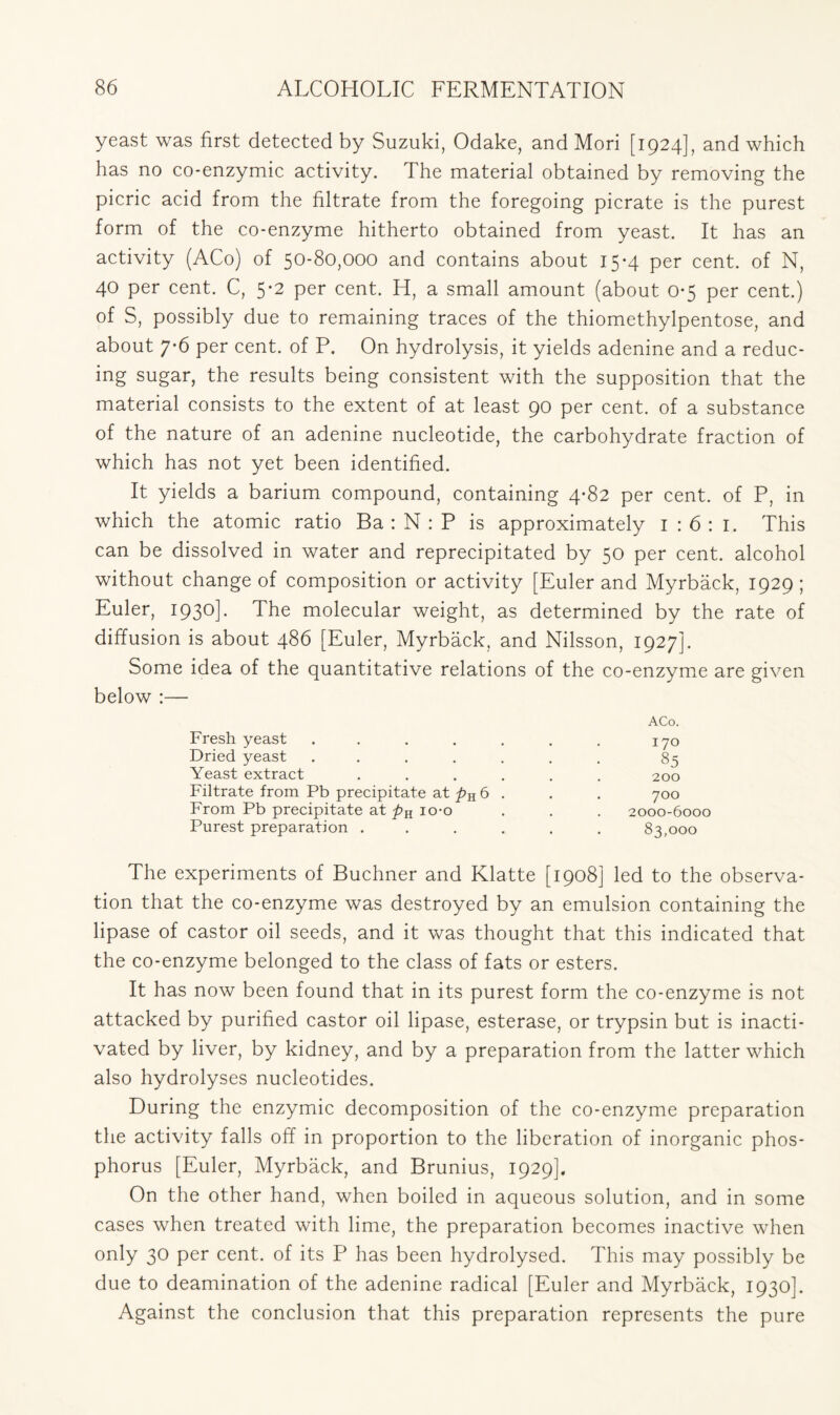 yeast was first detected by Suzuki, Odake, and Mori [1924], and which has no co-enzymic activity. The material obtained by removing the picric acid from the filtrate from the foregoing picrate is the purest form of the co-enzyme hitherto obtained from yeast. It has an activity (ACo) of 50-80,000 and contains about 15-4 per cent, of N, 40 per cent. C, 5*2 per cent. H, a small amount (about 0-5 per cent.) of S, possibly due to remaining traces of the thiomethylpentose, and about 7*6 per cent, of P. On hydrolysis, it yields adenine and a reduc- ing sugar, the results being consistent with the supposition that the material consists to the extent of at least 90 per cent, of a substance of the nature of an adenine nucleotide, the carbohydrate fraction of which has not yet been identified. It yields a barium compound, containing 4-82 per cent, of P, in which the atomic ratio Ba : N : P is approximately 1 : 6 : 1. This can be dissolved in water and reprecipitated by 50 per cent, alcohol without change of composition or activity [Euler and Myrback, 1929 ; Euler, 1930]. The molecular weight, as determined by the rate of diffusion is about 486 [Euler, Myrback, and Nilsson, 1927]. Some idea of the quantitative relations of the co-enzyme are given below :— ACo. Fresh yeast ....... 170 Dried yeast ....... 85 Yeast extract ...... 200 Filtrate from Pb precipitate at pH 6 . . . 700 From Pb precipitate at pH io-o . . . 2000-6000 Purest preparation ...... 83,000 The experiments of Buchner and Klatte [1908] led to the observa- tion that the co-enzyme was destroyed by an emulsion containing the lipase of castor oil seeds, and it was thought that this indicated that the co-enzyme belonged to the class of fats or esters. It has now been found that in its purest form the co-enzyme is not attacked by purified castor oil lipase, esterase, or trypsin but is inacti- vated by liver, by kidney, and by a preparation from the latter which also hydrolyses nucleotides. During the enzymic decomposition of the co-enzyme preparation the activity falls off in proportion to the liberation of inorganic phos- phorus [Euler, Myrback, and Brunius, 1929]. On the other hand, when boiled in aqueous solution, and in some cases when treated with lime, the preparation becomes inactive when only 30 per cent, of its P has been hydrolysed. This may possibly be due to deamination of the adenine radical [Euler and Myrback, 1930]. Against the conclusion that this preparation represents the pure