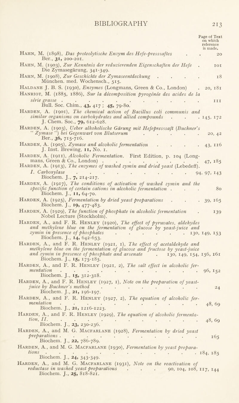 Page of Text on which reference is made. Hahn, M. (1898), Das proteolytische Enzym des Hefe-presssaftes . . 20 Ber., 31, 200-201. Hahn, M. (1903), Zur Kenntnis der reduzierenden Eigenschaften der Hefe . 101 Die Zymasegarung, 341-349. Hahn, M. (1908), Zur Geschichte der Zymaseentdeckung . . . . 18 Miinchen. med. Wochensch., 515. Haldane J. B. S. (1930), Enzymes (Longmans, Green & Co., London) . 20, 181 Hanriot, M. (1885, 1886), Sur la decomposition pyrogenee des acides de la serie grasse . . . . . . . . . . . hi Bull. Soc. Chim., 43, 417 ; 45, 79-80. Harden, A. (1901), The chemical action of Bacillus coli communis and similar organisms on carbohydrates and allied compounds . . . 145, 172 J. Chem. Soc., 79, 612-628. Harden, A. (1903), Ueber alkoholische Garung mit Hefepresssaft [Buchner’s “ Zymase ”) bei Gegenwart von Blutserum ..... 20, 42 Ber., 36, 715-716. Harden, A. (1905), Zymase and alcoholic fermentation .... 43, 116 J. Inst. Brewing, 11, No. 1. Harden, A. (1911), Alcoholic Fermentation. First Edition, p. 104 (Long- mans, Green & Co., London) ........ 47, 185 Harden, A. (1913), The enzymes of washed zymin and dried yeast (Lebedeff). I. Carboxylase ......... 94, 97, 143 Biochem. J., 7, 214-217. Harden, A. (1917), The conditions of activation of washed zymin and the specific function of certain cations in alcoholic fermentation ... 80 Biochem. J., 11, 64-70. Harden, A. (1925), Fermentation by dried yeast preparations . . . 39, 165 Biochem. J., 19, 477-483. Harden, A. (1929), The function of phosphate in alcoholic fermentation . 139 Nobel Lecture (Stockholm). Harden, A., and F. R. Henley (1920), The effect of pyruvates, aldehydes and methylene blue on the fermentation of glucose by yeast-juice and zymin in presence of phosphates ...... 130, 149, 153 Biochem. J., 14, 642-653. Harden, A., and F. R. Henley (1921, 1), The effect of acetaldehyde and methylene blue on the fermentation of glucose and fructose by yeast-juice and zymin in presence of phosphate and arsenate . 130, 149, 154, 156, 161 Biochem. J., 15, 175-185. Harden, A., and F. R. Henley (1921, 2), The salt effect in alcoholic fer- mentation ........... 96, 152 Biochem. J., 15, 312-318. Harden, A., and F. R. Henley (1927, 1), Note on the preparation of yeast- juice by Buchner’s method ........ 24 Biochem. J., 21, 196-197. Harden, A., and F. R. Henley (1927, 2), The equation of alcoholic fer- mentation . . . . . . . . . . 48, 69 Biochem. J., 21, 1216-1223. Harden, A., and F. R. Henley (1929), The equation of alcoholic fermenta- tion, II 48, 69 Biochem. J., 23, 230-236. Harden, A., and M. G. Macfarlane (1928), Fermentation by dried yeast preparations ........... 165 Biochem. J., 22, 786-789. Harden, A., and M. G. Macfarlane (1930), Fermentation by yeast prepara- tions . . . . . . . . . . . 184, 185 Biochem. J., 24, 343-349. Harden, A., and M. G. Macfarlane (1931), Note on the reactivation of reductase in washed yeast preparations . . . 90, 104, 108, 117, 144 Biochem. J., 25, 818-821.