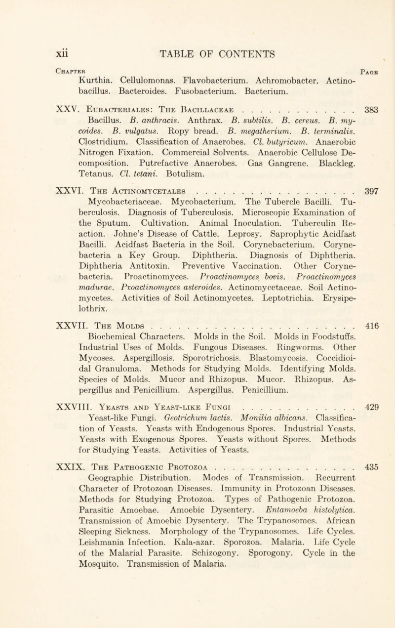 • • Chapter Page Kurthia. Cellulomonas. Flavobacterium. Achromobacter. Actino- bacillus. Bacteroides. Fusobacterium. Bacterium. XXV. Eubacteriales: The Bacillaceae.383 Bacillus. B. anthracis. Anthrax. B. subtilis. B. cereus. B. my- coides. B. vulgatus. Ropy bread. B. megatherium. B. terminalis. Clostridium. Classification of Anaerobes. Cl. butyricum. Anaerobic Nitrogen Fixation. Commercial Solvents. Anaerobic Cellulose De¬ composition. Putrefactive Anaerobes. Gas Gangrene. Blackleg. • _ Tetanus. Cl. tetani. Botulism. XXVI. The Actinomycetales.397 Mycobacteriaceae. Mycobacterium. The Tubercle Bacilli. Tu¬ berculosis. Diagnosis of Tuberculosis. Microscopic Examination of the Sputum. Cultivation. Animal Inoculation. Tuberculin Re¬ action. Johne’s Disease of Cattle. Leprosy. Saprophytic Acidfast Bacilli. Acidfast Bacteria in the Soil. Corynebacterium. Coryne- bacteria a Key Group. Diphtheria. Diagnosis of Diphtheria. Diphtheria Antitoxin. Preventive Vaccination. Other Coryne- bacteria. Proactinomyces. Proactinomyces bovis. Proactinomyces madurae. Proactinomyces asteroides. Actinomycetaceae. Soil Actino- mycetes. Activities of Soil Actinomycetes. Leptotrichia. Erysipe- lothrix. XXVII. The Molds.416 Biochemical Characters. Molds in the Soil. Molds in Foodstuffs. Industrial Uses of Molds. Fungous Diseases. Ringworms. Other Mycoses. Aspergillosis. Sporotrichosis. Blastomycosis. Coccidioi¬ dal Granuloma. Methods for Studying Molds. Identifying Molds. Species of Molds. Mucor and Rhizopus. Mucor. Rhizopus. As¬ pergillus and Penicillium. Aspergillus. Penicillium. XXVIII. Yeasts and Yeast-like Fungi .429 Yeast-like Fungi. Geotrichum lactis. Monilia albicans. Classifica¬ tion of Yeasts. Yeasts with Endogenous Spores. Industrial Yeasts. Yeasts with Exogenous Spores. Yeasts without Spores. Methods for Studying Yeasts. Activities of Yeasts. XXIX. The Pathogenic Protozoa.435 Geographic Distribution. Modes of Transmission. Recurrent Character of Protozoan Diseases. Immunity in Protozoan Diseases. Methods for Studying Protozoa. Types of Pathogenic Protozoa. Parasitic Amoebae. Amoebic Dysentery. Entamoeba histolytica. Transmission of Amoebic Dysentery. The Trypanosomes. African Sleeping Sickness. Morphology of the Trypanosomes. Life Cycles. Leishmania Infection. Kala-azar. Sporozoa. Malaria. Life Cycle of the Malarial Parasite. Schizogony. Sporogony. Cycle in the Mosquito. Transmission of Malaria.