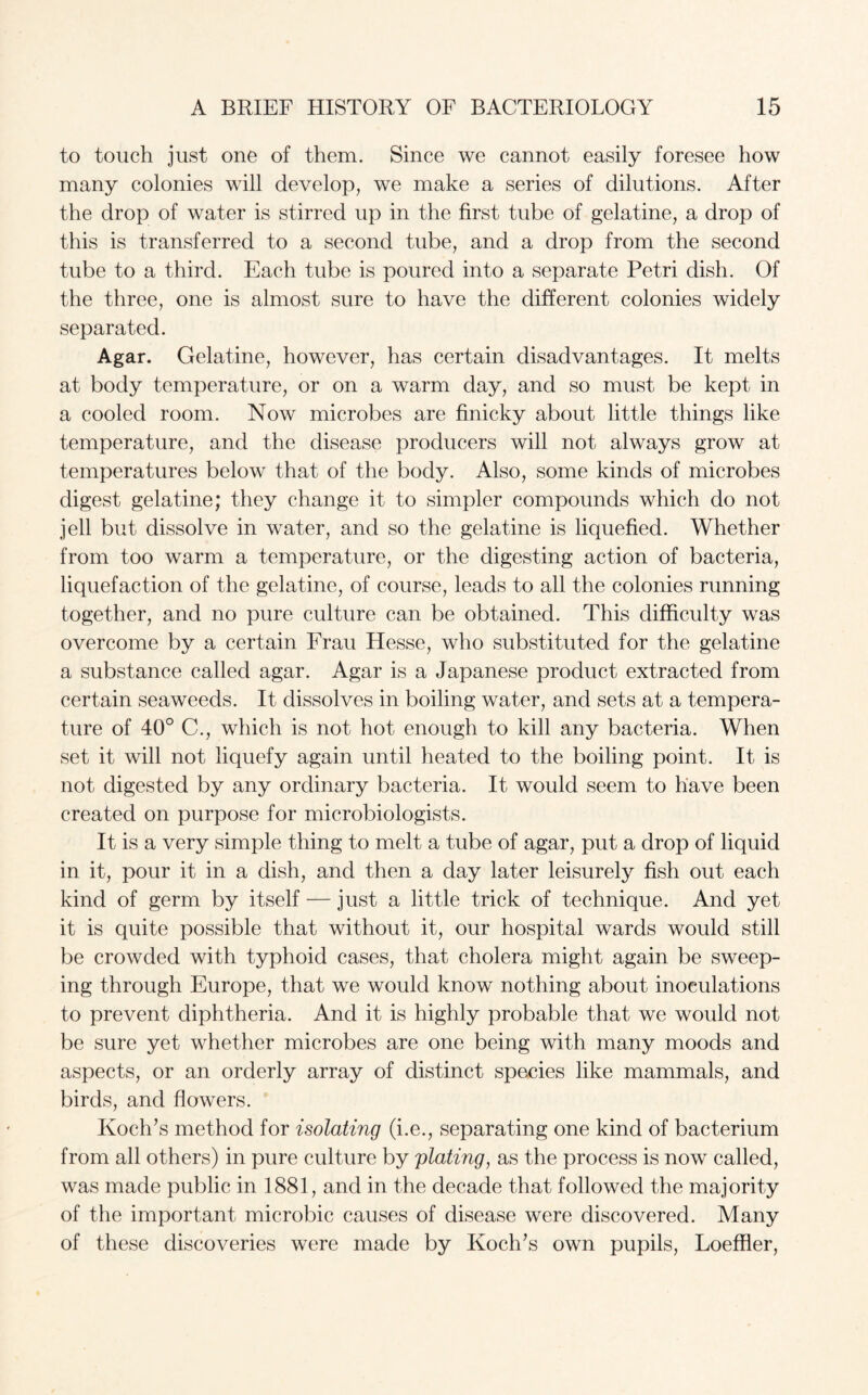 to touch just one of them. Since we cannot easily foresee how many colonies will develop, we make a series of dilutions. After the drop of water is stirred up in the first tube of gelatine, a drop of this is transferred to a second tube, and a drop from the second tube to a third. Each tube is poured into a separate Petri dish. Of the three, one is almost sure to have the different colonies widely separated. Agar. Gelatine, however, has certain disadvantages. It melts at body temperature, or on a warm day, and so must be kept in a cooled room. Now microbes are finicky about little things like temperature, and the disease producers will not always grow at temperatures below that of the body. Also, some kinds of microbes digest gelatine; they change it to simpler compounds which do not jell but dissolve in water, and so the gelatine is liquefied. Whether from too warm a temperature, or the digesting action of bacteria, liquefaction of the gelatine, of course, leads to all the colonies running together, and no pure culture can be obtained. This difficulty was overcome by a certain Frau Hesse, who substituted for the gelatine a substance called agar. Agar is a Japanese product extracted from certain seaweeds. It dissolves in boiling water, and sets at a tempera¬ ture of 40° C., which is not hot enough to kill any bacteria. When set it will not liquefy again until heated to the boiling point. It is not digested by any ordinary bacteria. It would seem to have been created on purpose for microbiologists. It is a very simple thing to melt a tube of agar, put a drop of liquid in it, pour it in a dish, and then a day later leisurely fish out each kind of germ by itself — just a little trick of technique. And yet it is quite possible that without it, our hospital wards would still be crowded with typhoid cases, that cholera might again be sweep¬ ing through Europe, that we would know nothing about inoculations to prevent diphtheria. And it is highly probable that we would not be sure yet whether microbes are one being with many moods and aspects, or an orderly array of distinct species like mammals, and birds, and flowers. Koch’s method for isolating (i.e., separating one kind of bacterium from all others) in pure culture by plating, as the process is now called, was made public in 1881, and in the decade that followed the majority of the important microbic causes of disease were discovered. Many of these discoveries were made by Koch’s own pupils, Loeffler,