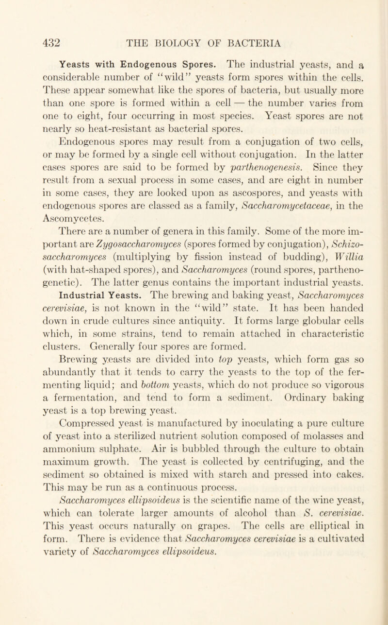 Yeasts with Endogenous Spores. The industrial yeasts, and a considerable number of “wild” yeasts form spores within the cells. These appear somewhat like the spores of bacteria, but usually more than one spore is formed within a cell — the number varies from one to eight, four occurring in most species. Yeast spores are not nearly so heat-resistant as bacterial spores. Endogenous spores may result from a conjugation of two cells, or may be formed by a single cell without conjugation. In the latter cases spores are said to be formed by parthenogenesis. Since they result from a sexual process in some cases, and are eight in number in some cases, they are looked upon as ascospores, and yeasts with endogenous spores are classed as a family, Saccharomycetaceae, in the Ascomycetes. There are a number of genera in this family. Some of the more im¬ portant are Zygosaccharomyces (spores formed by conjugation), Schizo- saccharomyces (multiplying by fission instead of budding), Willia (with hat-shaped spores), and Saccharomyces (round spores, partheno- genetic). The latter genus contains the important industrial yeasts. Industrial Yeasts. The brewing and baking yeast, Saccharomyces cerevisiae, is not known in the “wild” state. It has been handed down in crude cultures since antiquity. It forms large globular cells which, in some strains, tend to remain attached in characteristic clusters. Generally four spores are formed. Brewing yeasts are divided into top yeasts, which form gas so abundantly that it tends to carry the yeasts to the top of the fer¬ menting liquid; and bottom yeasts, which do not produce so vigorous a fermentation, and tend to form a sediment. Ordinary baking yeast is a top brewdng yeast. Compressed yeast is manufactured by inoculating a pure culture of yeast into a sterilized nutrient solution composed of molasses and ammonium sulphate. Air is bubbled through the culture to obtain maximum growth. The yeast is collected by centrifuging, and the sediment so obtained is mixed with starch and pressed into cakes. This may be run as a continuous process. Saccharomyces ellipsoideus is the scientific name of the wine yeast, which can tolerate larger amounts of alcohol than S. cerevisiae. This yeast occurs naturally on grapes. The cells are elliptical in form. There is evidence that Saccharomyces cerevisiae is a cultivated variety of Saccharomyces ellipsoideus.