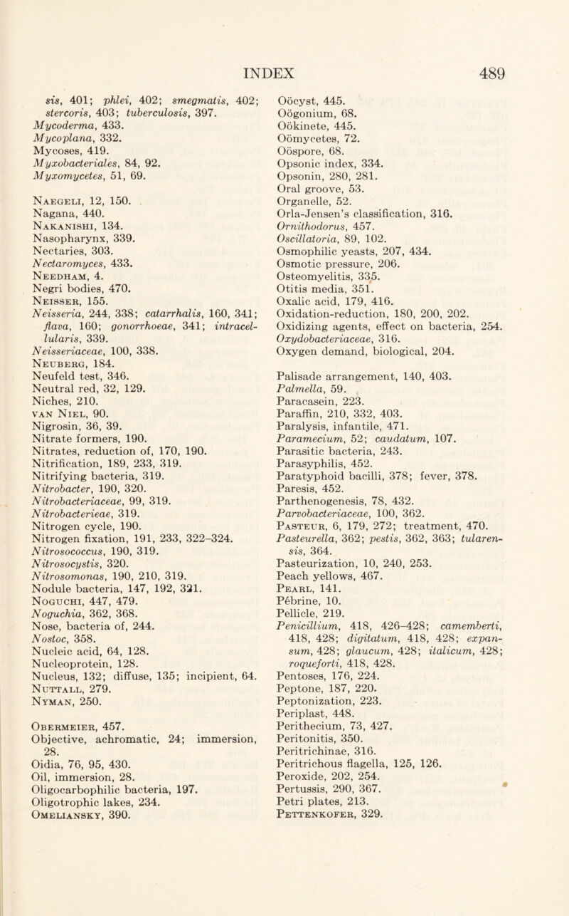 sis, 401; phlei, 402; smegmatis, 402; stercoris, 403; tuberculosis, 397. My coderma, 433. Mycoplana, 332. Mycoses, 419. Myxobacteriales, 84, 92. Myxomycetes, 51, 69. Naegeli, 12, 150. Nagana, 440. Nakanishi, 134. Nasopharynx, 339. Nectaries, 303. Nectaromyces, 433. Needham, 4. Negri bodies, 470. Neisser, 155. Neisseria, 244, 338; catarrhalis, 160, 341; flava, 160; gonorrhoeae, 341; intracel- lularis, 339. Neisseriaceae, 100, 338. Neuberg, 184. Neufeld test, 346. Neutral red, 32, 129. Niches, 210. van Niel, 90. Nigrosin, 36, 39. Nitrate formers, 190. Nitrates, reduction of, 170, 190. Nitrification, 189, 233, 319. Nitrifying bacteria, 319. Nitrobacter, 190, 320. Nitrobacteriaceae, 99, 319. Nitrobacterieae, 319. Nitrogen cycle, 190. Nitrogen fixation, 191, 233, 322-324. Nitrosococcus, 190, 319. Nitrosocystis, 320. Nitrosomonas, 190, 210, 319. Nodule bacteria, 147, 192, 321. Noguchi, 447, 479. Noguchia, 362, 368. Nose, bacteria of, 244. Nostoc, 358. Nucleic acid, 64, 128. Nucleoprotein, 128. Nucleus, 132; diffuse, 135; incipient, 64. Nuttall, 279. Nyman, 250. Obermeier, 457. Objective, achromatic, 24; immersion, 28. Oidia, 76, 95, 430. Oil, immersion, 28. Oligocarbophilic bacteria, 197. Oligotrophic lakes, 234. Omeliansky, 390. Oocyst, 445. Oogonium, 68. Ookinete, 445. Oomycetes, 72. Oospore, 68. Opsonic index, 334. Opsonin, 280, 281. Oral groove, 53. Organelle, 52. Orla-Jensen’s classification, 316. Ornithodorus, 457. Oscillatoria, 89, 102. Osmophilic yeasts, 207, 434. Osmotic pressure, 206. Osteomyelitis, 335. Otitis media, 351. Oxalic acid, 179, 416. Oxidation-reduction, 180, 200, 202. Oxidizing agents, effect on bacteria, 254. Oxydobacteriaceae, 316. Oxygen demand, biological, 204. Palisade arrangement, 140, 403. Palmella, 59. Paracasein, 223. Paraffin, 210, 332, 403. Paralysis, infantile, 471. Paramecium, 52; caudatum, 107. Parasitic bacteria, 243. Parasyphilis, 452. Paratyphoid bacilli, 378; fever, 378. Paresis, 452. Parthenogenesis, 78, 432. Parvobacteriaceae, 100, 362. Pasteur, 6, 179, 272; treatment, 470. Pasteurella, 362; pestis, 362, 363; tularen- sis, 364. Pasteurization, 10, 240, 253. Peach yellows, 467. Pearl, 141. Pebrine, 10. Pellicle, 219. Penicillium, 418, 426-428; camemberti, 418, 428; digitatum, 418, 428; expan¬ sum, 428; glaucum, 428; italicum, 428; roqueforti, 418, 428. Pentoses, 176, 224. Peptone, 187, 220. Peptonization, 223. Periplast, 448. Perithecium, 73, 427. Peritonitis, 350. Peritrichinae, 316. Peritrichous flagella, 125, 126. Peroxide, 202, 254. Pertussis, 290, 367. Petri plates, 213. Pettenkofer, 329.