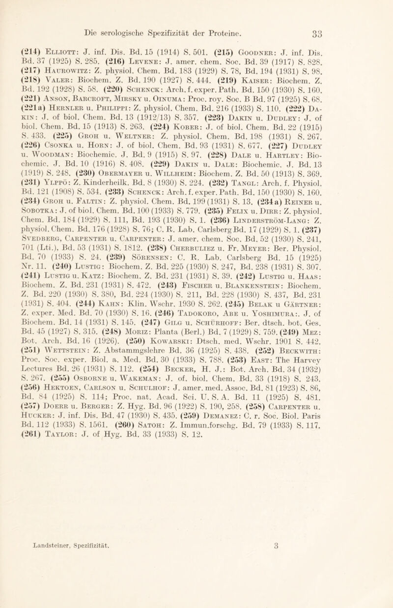 (214) Elliott: J. inf. Dis. Bd. 15 (1914) S. 501. (215) Goodner: J. inf. Dis. Bd. 37 (1925) S. 285. (210) Levene: J. amer. ehern. Soc. Bd. 39 (1917) S. 828. (217) Haurowitz: Z. physiol. Chem. Bd. 183 (1929) S. 78, Bd. 194 (1931) S. 98. (218) Valer: Biochem. Z. Bd. 190 (1927) S. 444. (219) Kaiser: Biochem. Z. Bd. 192 (1928) S. 58. (220) Schencr: Arch. f. exper. Path. Bd. 150 (1930) S. 160. (221) Ansoh, Barcroft, Mirsky u. Oinuma: Proc. roy. Soc. B Bd. 97 (1925) S. 68. (221a) Hernler u. Philippi: Z. physiol. Chem. Bd. 216 (1933) S. 110. (222) Da- rin: J. of biol. Chem. Bd. 13 (1912/13) S. 357. (223) Darin u. Dudley: J. of biol. Chem. Bd. 15 (1913) S. 263. (224) Kober: J. of biol. Chem. Bd. 22 (1915) S. 433. (225) Groh u. Weltner: Z. physiol. Chem. Bd. 198 (1931) S. 267. (226) Csonra u. Horn: J. of biol. Chem. Bd. 93 (1931) S. 677. (227) Dudley u. Woodman: Biochemie. J. Bd. 9 (1915) S. 97. (228) Dale u. Hartley: Bio- chemie. J. Bd. 10 (1916) S. 408. (229) Darin u. Dale: Biochemie. J. Bd. 13 (1919) S. 248. (230) Obermayer u. Willheim: Biochem. Z. Bd. 50 (1913) S. 369. (231) Ylppö: Z. Kinderheilk. Bd. 8 (1930) S. 224. (232) Tangl: Arch. f. Physiol. Bd. 121 (1908) S. 534. (233) Schencr: Arch. f. exper. Path. Bd. 150 (1930) S. 160. (234) Groh u. Faltin: Z. physiol. Chem. Bd. 199(1931) S. 13. (234a) Reiner u. Sobotra: J. of biol. Chem. Bd. 100 (1933) S. 779. (235) Felix u. Dirr: Z. physiol. Chem. Bd. 184 (1929) S. 111, Bd. 193 (1930) S. 1. (236) Linderström-Lang: Z. physiol. Chem. Bd. 176 (1928) S. 76; C. R. Lab. Carlsberg Bd. 17 (1929) S. 1. (237) Svedberg, Carpenter u. Carpenter: J. amer. chem. Soc. Bd. 52 (1930) S. 241, 701 (Lti.), Bd. 53 (1931) S. 1812. (238) Cherbuliez u. Fr. Meyer: Ber. Physiol. Bd. 70 (1933) S. 24. (239) Sörensen: C. R. Lab. Carlsberg Bd. 15 (1925) Nr. 11. (240) Lustig: Biochem. Z. Bd. 225 (1930) S. 247, Bd. 238 (1931) S. 307. (241) Lustigu. Katz: Biochem. Z. Bd. 231 (1931) S. 39. (242) Lustig u. Haas: Biochem. Z. Bd. 231 (1931) S. 472. (243) Fischer u. Blanrenstein: Biochem. Z. Bd. 220 (1930) S. 380, Bd. 224 (1930) S. 211, Bd. 228 (1930) S. 437, Bd. 231 (1931) S. 404. (244) Kahn: Klin. Wschr. 1930 S. 262. (245) Belar ii Gärtner: Z. exper. Med. Bd. 70 (1930) S. 16. (246) Tadororo, Abe ii. Yoshimura:. J. of Biochem. Bd. 14 (1931) S. 145. (247) Gilg ii. Schürhoff: Ber. dtsch. bot. Ges. Bd. 45 (1927) S. 315. (248) Moriz: Planta (Berl.) Bd. 7 (1929) S. 759. (249) Mez: Bot. Arch. Bd. 16 (1926). (250) Kowarsri: Dtsch. med. Wschr. 1901 S. 442. (251) Wettstein: Z. Abstammgslehre Bd. 36 (1925) S. 438. (252) Becrwith: Proc. Soc. exper. Biol. a. Med. Bd. 30 (1933) S. 788. (253) East: The Harvey Lectures Bd. 26 (1931) S. 112. (254) Becrer, H. J.: Bot. Arch. Bd. 34 (1932) S. 267. (255) Osborne u. Wareman: J. of. biol. Chem. Bd. 33 (1918) S. 243. (256) Hertoen, Carlson u. Schulhof: J. amer. med. Assoc. Bd. 81 (1923) S. 86, Bd. 84 (1925) S. 114; Proc. nat. Acad. Sei. U. S. A. Bd. 11 (1925) S. 481. (257) Doerr u. Berger: Z. Hyg. Bd. 96 (1922) S. 190, 258. (258) Carpenter ii. Hucrer: J. inf. Dis. Bd. 47 (1930) S. 435. (259) Demanez: C. r. Soc. Biol. Paris Bd. 112 (1933) S. 1561. (260) Satoh: Z. Immun.forschg. Bd. 79 (1933) S. 117. (261) Taylor: J. of Hyg. Bd. 33 (1933) S. 12. Uandsteiner, Spezifizität. 3