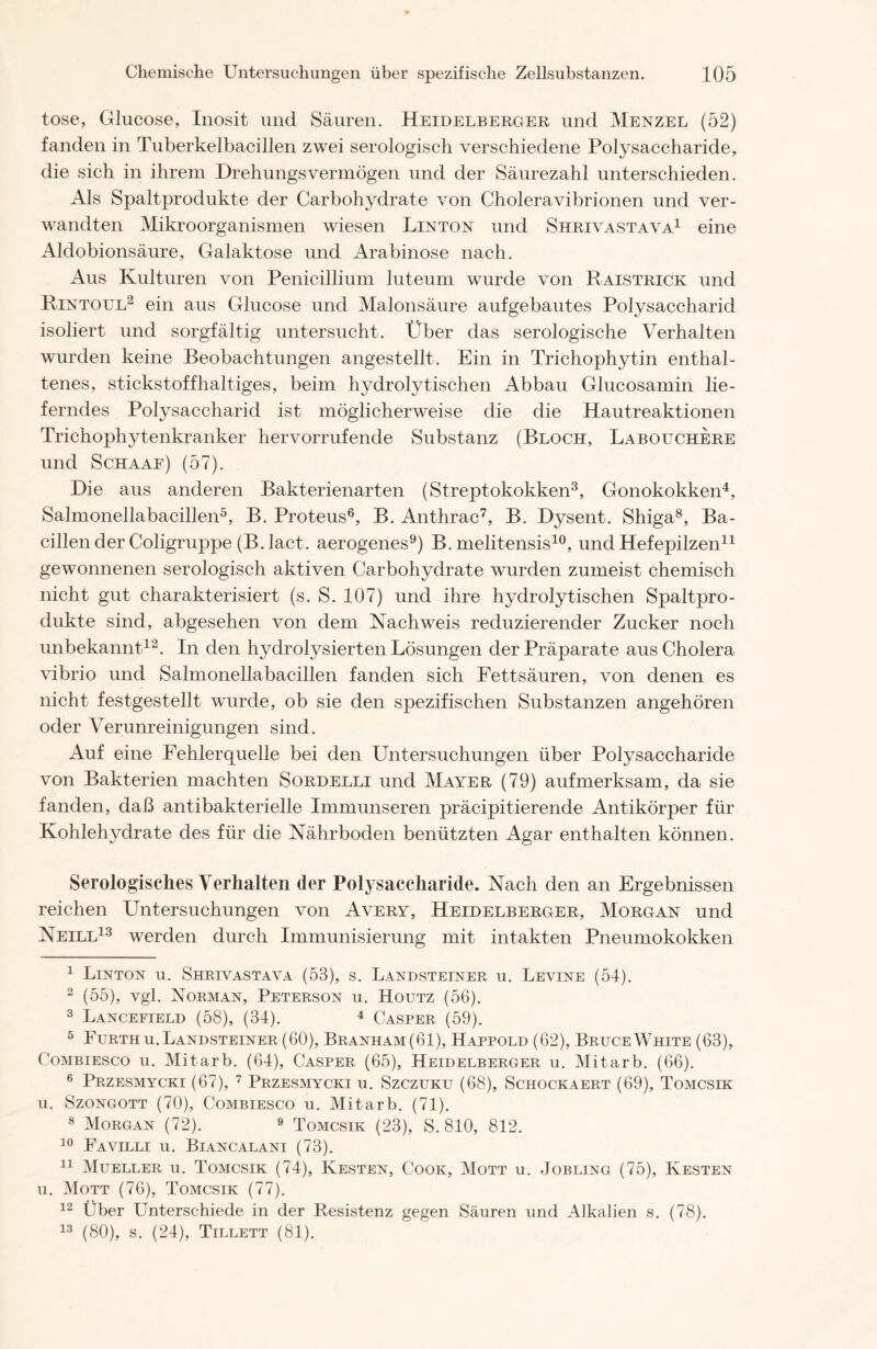 tose, Glucose, Inosit und Säuren. Heidelberger und Menzel (52) fanden in Tuberkelbacillen zwei serologisch verschiedene Polysaccharide, die sich in ihrem Drehungs vermögen und der Säurezahl unterschieden. Als Spaltprodukte der Carbohydrate von Choleravibrionen und ver- wandten Mikroorganismen wiesen Linton und Shrivastava1 eine Aldobionsäure, Galaktose und Arabinose nach. Aus Kulturen von Penicillium luteum wurde von Raistrick und Rintoul2 ein aus Glucose und Malonsäure aufgebautes Polysaccharid isoliert und sorgfältig untersucht. Über das serologische Verhalten wurden keine Beobachtungen angestellt. Ein in Trichophytin enthal- tenes, stickstoffhaltiges, beim hydrolytischen Abbau Glucosamin lie- ferndes Polysaccharid ist möglicherweise die die Hautreaktionen Trichophytenkranker hervorrufende Substanz (Bloch, Labouchere und Schaaf) (57). Die aus anderen Bakterienarten (Streptokokken3, Gonokokken4, Salmonellabacillen5, B. Proteus6, B. Anthrac7, B. Dysent. Shiga8, Ba- cillen der Coligruppe (B. lact. aerogenes9) B. melitensis10, und Hefepilzen11 gewonnenen serologisch aktiven Carbohydrate wurden zumeist chemisch nicht gut charakterisiert (s. S. 107) und ihre hydrolytischen Spaltpro- dukte sind, abgesehen von dem Nachweis reduzierender Zucker noch unbekannt12. In den hydrolysierten Lösungen der Präparate aus Cholera vibrio und Salmonellabacillen fanden sich Fettsäuren, von denen es nicht festgestellt wurde, ob sie den spezifischen Substanzen angehören oder Verunreinigungen sind. Auf eine Fehlerquelle bei den Untersuchungen über Polysaccharide von Bakterien machten Sordelli und Mayer (79) aufmerksam, da sie fanden, daß antibakterielle Immunseren präcipitierende Antikörper für Kohlehydrate des für die Nährboden benützten Agar enthalten können. Serologisches Verhalten der Polysaccharide. Nach den an Ergebnissen reichen Untersuchungen von Avery, Heidelberger, Morgan und Neill13 werden durch Immunisierung mit intakten Pneumokokken ] Linton u. Shrivastava (53), s. Landsteiner u. Levine (54). 2 (55), vgl. Norman, Peterson u. Houtz (56). 3 Lancefield (58), (34). 4 Casper (59). 5 Furth u. Landsteiner (60), Branham(61), Happold (62), Bruce White (63), Combiesco u. Mitarb. (64), Casper (65), Heidelberger u. Mitarb. (66). 6 Przesmycki (67), 7 Przesmycki u. Szczuku (68), Schockaert (69), Tomcsik u. Szongott (70), Combiesco u. Mitarb. (71). 8 Morgan (72). 9 Tomcsik (23), S. 810, 812. 10 Favilli u. Biancalani (73). 11 Mueller u. Tomcsik (74), Kesten, Cook, Mott u. Jobling (75), Kesten u. Mott (76), Tomcsik (77). 12 Über Unterschiede in der Resistenz gegen Säuren und Alkalien s. (78). 13 (80), s. (24), Tillett (81).