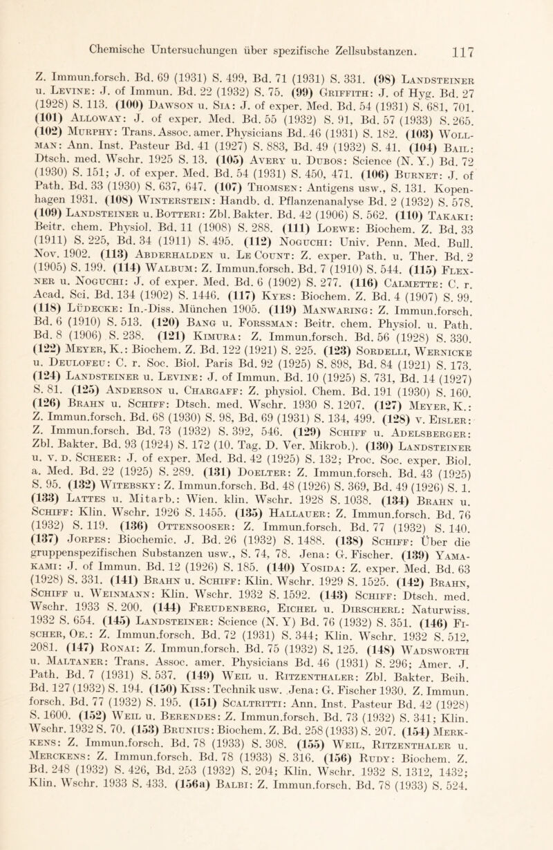 Z. Immun.forsch. Bd. 69 (1931) S. 499, Bd. 71 (1931) S. 331. (98) Landsteiner u. Levine: J. of Immun. Bd. 22 (1932) S. 75. (99) Griffith: J. of Hyg. Bd. 27 (1928) S. 113. (100) Dawson u. Sia: J. of exper. Med. Bd. 54 (1931) S. 681, 701. (101) Alloway: J. of exper. Med. Bd. 55 (1932) S. 91, Bd. 57 (1933) S. 265. (102) Murphy: Trans. Assoc. amer. Physicians Bd. 46 (1931) S. 182. (108) Woll- man: Ann. Inst. Pasteur Bd. 41 (1927) S. 883, Bd. 49 (1932) S. 41. (104) Bail: Dtsch. med. Wschr. 1925 S. 13. (105) Avery u. Dubos: Science (N. Y.) Bd. 72 (1930) S. 151; J. of exper. Med. Bd. 54 (1931) S. 450, 471. (100) Burnet: J. of Path. Bd. 33 (1930) S. 637, 647. (107) Thomsen: Antigens usw., S. 131. Kopen- hagen 1931. (108) Winterstein: Handb. d. Pflanzenanalyse Bd. 2 (1932) S. 578. (109) Landsteiner u.Botteri: Zbl.Bakter. Bd. 42 (1906) S. 562. (110) Takaki! Beitr. ehern. Physiol. Bd. 11 (1908) S. 288. (111) Loewe: Biochem. Z. Bd. 33 (1911) S. 225, Bd. 34 (1911) S. 495. (112) Noguchi: Univ. Penn. Med. Bull. Nov. 1902. (118) Abderhalden u. Le Count: Z. exper. Path. u. Ther. Bd. 2 (1905) S. 199. (114) Walbum: Z. Immun.forsch. Bd. 7 (1910) S. 544. (115) Flen- ner u. Noguchi: J. of exper. Med. Bd. 6 (1902) S. 277. (110) Calmette: C. r. Acad. Sei. Bd. 134 (1902) S. 1446. (117) Kyes: Biochem. Z. Bd. 4 (1907) S. 99. (118) Lüdecke: In.-Biss. München 1905. (119) Manwaring: Z. Immun.forsch. Bd. 6 (1910) S. 513. (120) Bang u. Forssman: Beitr. ehern. Physiol. u. Path. Bd. 8 (1906) S. 238. (121) Kimura: Z. Immun.forsch. Bd. 56 (1928) S. 330. (122) Meyer, K.: Biochem. Z. Bd. 122 (1921) S. 225. (123) Sordelli, Wernicke u. Deulofeu: C. r. Soc. Biol. Paris Bd. 92 (1925) S. 898, Bd. 84 (1921) S. 173. (124) Landsteiner u. Levine: J. of Immun. Bd. 10 (1925) S. 731, Bd. 14 (1927) S. 81. (125) Anderson u. Chargaff: Z. physiol. Chem. Bd. 191 (1930) S. 160. (126) Brahn u. Schiff: Dtsch. med. Wschr. 1930 S. 1207. (127) Meyer, K.: Z. Immun.forsch. Bd. 68 (1930) S. 98, Bd. 69 (1931) S. 134, 499. (128) v. Eisler: Z. Immun.forsch. Bd. 73 (1932) S. 392, 546. (129) Schiff u. Adelsberger: Zbl, Bakter. Bd. 93 (1924) S. 172 (10. Tag. D. Ver. Mikrob.). (130) Landsteiner u. v. d. Scheer: J. of exper. Med. Bd. 42 (1925) S. 132; Proc. Soc. exper. Biol. a. Med. Bd. 22 (1925) S. 289. (131) Doelter: Z. Immun.forsch. Bd. 43 (1925) S. 95. (132) Witebsky: Z. Immun.forsch. Bd. 48 (1926) S. 369, Bd. 49 (1926) S. 1. (133) Lattes u. Mitarb.: Wien. klin. Wschr. 1928 S. 1038. (134) Brahn u.' Schiff: Klin. Wschr. 1926 S. 1455. (135) Hallauer: Z. Immun.forsch. Bd. 76 (1932) S. 119. (136) Ottensooser: Z. Immun.forsch. Bd. 77 (1932) S. 140. (137) Jorpes: Biochemie. J. Bd. 26 (1932) S. 1488. (138) Schiff: Über die gruppenspezifischen Substanzen usw., S. 74, 78. Jena: G. Fischer. (139) Yama- kami: J. of Immun. Bd. 12 (1926) S. 185. (140) Yosida: Z. exper. Med. Bd. 63 (1928) S. 331. (141) Brahn u. Schiff: Klin. Wschr. 1929 S. 1525. (142) Brahn, Schiff u. Weinmann: Klin. Wschr. 1932 S. 1592. (143) Schiff: Dtsch. med! Wschr. 1933 S. 200. (144) Freudenberg, Eichel u. Dirscherl: Naturwiss. 1932 S. 654. (145) Landsteiner: Science (N. Y) Bd. 76 (1932) S. 351. (146) Fi- scher, Oe.: Z. Immun.forsch. Bd. 72 (1931) S. 344; Klin. Wschr. 1932 S. 512, 2081. (147) Ronai: Z. Immun.forsch. Bd. 75 (1932) S. 125. (148) Wadsworth u. Maltaner: Trans. Assoc. amer. Physicians Bd. 46 (1931) S. 296; Amer. J. Path. Bd. 7 (1931) S. 537. (149) Weil u. Ritzenthaler: Zbl. Bakter. Beih. Bd. 127 (1932) S. 194. (150) Kiss: Technik usw. Jena: G. Fischer 1930. Z. Immun, forsch. Bd. 77 (1932) S. 195. (151) Scaltritti: Ann. Inst. Pasteur Bd. 42 (1928) S. 1600. (152) Weil u. Berendes: Z. Immun.forsch. Bd. 73 (1932) S. 341; Klin. Wschr. 1932 S. 70. (153) Brunius: Biochem. Z. Bd. 258 (1933) S. 207. (154) Merk- kens: Z. Immun.forsch. Bd. 78 (1933) S. 308. (155) Weil, Ritzenthaler u. Merckens: Z. Immun.forsch. Bd. 78 (1933) S. 316. (156) Rudy: Biochem. Z. Bd. 248 (1932) S. 426, Bd. 253 (1932) S. 204; Klin. Wschr. 1932 S. 1312, 1432; Klin. Wschr. 1933 S. 433. (156a) Balbi: Z. Immun.forsch. Bd. 78 (1933) S. 524.