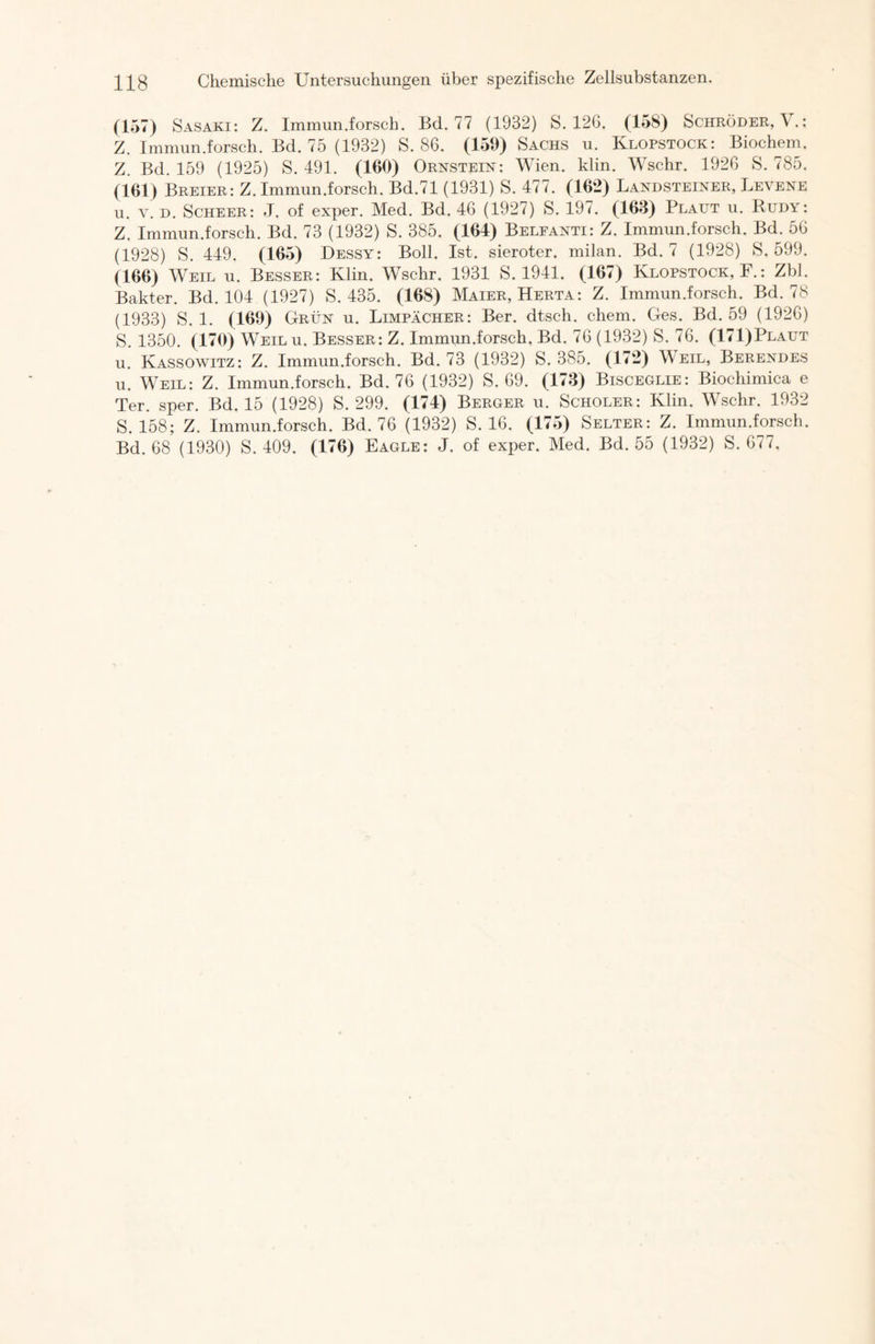 (157) Sasaki: Z. Immun.forsch. Bd. 77 (1932) S. 126. (158) Schröder, \ .: Z. Immun.forsch. Bd. 75 (1932) S. 86. (159) Sachs u. Klopstock: Biochem. Z. Bd. 159 (1925) S. 491. (160) Ornstein: Wien. klin. Wschr. 1926 S. 785. (161) Breier: Z. Immun.forsch. Bd.71 (1931) S. 477. (162) Landsteiner, Levene u. v. d. Scheer: J. of exper. Med. Bd. 46 (1927) S. 197. (163) Plaut u. Rudy: Z. Immun.forsch. Bd. 73 (1932) S. 385. (164) Belfanti: Z. Immun.forsch. Bd. 56 (1928) S. 449. (165) Dessy: Boll. Ist. sieroter. milan. Bd. 7 (1928) S. 599. (166) Weil u. Besser: Klin. Wschr. 1931 S. 1941. (167) Klopstock, F.: Zbl. Bakter. Bd. 104 (1927) S. 435. (168) Maier, Herta: Z. Immun.forsch. Bd. 78 (1933) S. 1. (169) Grün u. Limpächer: Ber. dtsch. ehern. Ges. Bd. 59 (1926) S. 1350. (170) Weil u. Besser: Z. Immun.forsch. Bd. 76 (1932) S. 76. (171)Plaut u. Kassowitz: Z. Immun.forsch. Bd. 73 (1932) S. 385. (172) Weil, Berendes u. Weil: Z. Immun.forsch. Bd. 76 (1932) S. 69. (173) Bisceglie: Biochimica e Ter. sper. Bd. 15 (1928) S. 299. (174) Berger u. Scholer: Klin. Wschr. 1932 S. 158; Z. Immun.forsch. Bd. 76 (1932) S. 16. (175) Selter: Z. Immun.forsch.