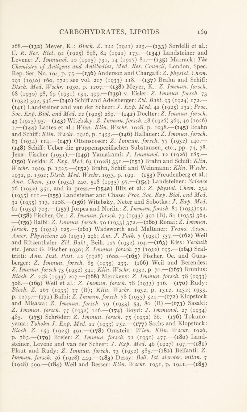 268.—(132) Meyer, K.: Bioch. Z. 122 (1921) 225.—(133) Sordelli et al.: C. R. Soc. Biol. 92 (1925) 898, 84 (1921) 173.—(134) Landsteiner and Levene: J. Immunol. 10 (1925) 731, 14 (1927) 81.—(135) Marrack: The Chemistry of Antigens and Antibodies, Med. Res. Council, London, Spec. Rep. Ser. No. 194, p. 75.—(136) Anderson and Chargaff: Z. physiol. Chem. 191 (1930) 160, 172; see vol. 217 (1933) 118.—(137) Brahn and Schiff: Dtsch. Med. Wschr. 1930, p. 1207.—(138) Meyer, K.: Z. Immun. forsch. 68 (1930) 98, 69 (1931) 134, 499.—(139) v. Eisler: Z. Immun. forsch. 73 (1932) 392, 546.—(140) Schiff and Adelsberger: Zbl. Bakt. 93 (1924) 172.— (141) Landsteiner and van der Scheer: J. Exp. Med. 42 (1925) 132; Proc. Soc. Exp. Biol, and Med. 22 (1925) 289.—(142) Doelter: Z. Immun. forsch. 43 (1925) 95.—(143) Witebsky: Z. Immun. forsch. 48 (1926) 369, 49 (1926) 1.—(144) Lattes et al.: Wien. Klin. Wschr. 1928, p. 1038.—(145) Brahn and Schiff: Klin. Wschr. 1926, p. 1455.—(146) Hallauer: Z. Immun. forsch. 83 (1934) 114.—(147) Ottensooser: Z. Immun. forsch. 77 (1932) 140.'— (148) Schiff: Ueber die gruppenspezifischen Substanzen, etc., pp. 74, 78. Jena: Fischer (1931).—(149) Yamakami: J. Immunol. 12 (1926) 185.— (150) Yosida: Z. Exp. Med. 63 (1928) 331.—(151) Brahn and Schiff: Klin. Wschr. 1929, p. 1525.—(152) Brahn, Schiff and Weinmann: Klin. Wschr. 1932, p. 1592; Dtsch. Med. Wschr. 1933, p. 199.—(153) Freudenberg et al.: Ann. Chem. 510 (1934) 240, 518 (1935) 97.—(154) Landsteiner: Science 76 (1932) 351, and in press.—(154a) Blix et al.: Z. physiol. Chem. 234 (1935) hi.—(155) Landsteiner and Chase: Proc. Soc. Exp. Biol, and Med. 32 (1935) 713, 1208.—(156) Witebsky, Neter and Sobotka: J. Exp. Med. 61 (1935) 703.—(157) Jorpes and Norlin: Z. Immun. forsch. 81 (1933)152. —(158) Fischer, Oe.: Z. Immun. forsch. 79 (1933) 391 (B), 84 (1935) 364. •—(159) Balbi: Z. Immun. forsch. 7c) (1933) 372.—(160) Ronai: Z. Immun. forsch. 75 (1932) 125.—(161) Wadsworth and Maltaner: Trans. Assoc. Amer. Physicians 46 (1931) 296; Am. J. Path. 7 (1931) 537.—(162) Weil and Ritzenthaler: Zbl. Bakt., Beih. 127 (1932) 194.—(163) Kiss: Technik etc. Jena: G. Fischer 1930; Z. Immun. forsch. 77 (1932) 195.—(164) Scal- tritti: Ann. Inst. Past. 42 (1928) 1600.—(165) Fischer, Oe. and Giins- berger: Z. Immun. forsch. 85 (1935) 233.—(166) Weil and Berendes: Z. Immun. forsch 73 (1932) 341; Klin. Wschr. 1932, p. 70.—(167) Brunius: Bioch. Z. 258 (1933) 207.—(168) Merckens: Z. Immun. forsch. 78 (1933) 308.—(169) Weil et al.: Z. Immun. forsch. 78 (1933) 316.—(17°) Rudy: Bioch. Z. 267 (1933) 77 (B); Klin. Wschr. 1932, p. 1312, 1432; 1933, p. 1279.—(171) Balbi: Z. Immun. forsch. 78 (1933) 524.'—(172) Klopstock and Misawa: Z. Immun. forsch. 79 (1933) 53, 80 (B).—(173) Sasaki: Z. Immun. forsch. 77 (1932) 126.—(174) Boyd: J. Immunol. 27 (1934) 485.—(175) Schroder: Z. Immun. forsch. 75 (1932) 86.—(17b) Tokuno- yama: Tohoku J. Exp. Med. 22 (1933) 252.—(177) Sachs and Klopstock: Bioch. Z. 159 (1925) 491.—(178) Ornstein: Wien. Klin. Wschr. 1926, p. 785.—(179) Breier: Z. Immun. forsch. 71 (1931) 477.—(180) Land- steiner, Levene and van der Scheer: J. Exp. Med. 46 (1927) 197.—(181) Plaut and Rudy: Z. Immun. forsch. 73 (1932) 385.—(182) Belfanti: Z. Immun. forsch. 56 (1928) 449.—(183) Dessy: Boll. 1st. sieroter. milan. 7 (1928) 599.—(184) Weil and Besser: Klin. Wschr. 1931, p. 1941.—(185)