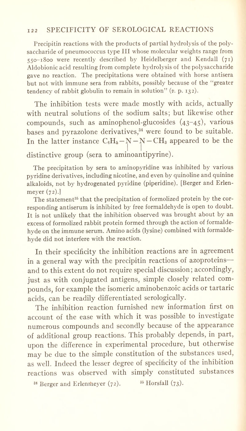 Precipitin reactions with the products of partial hydrolysis of the poly- saccharide of pneumococcus type III whose molecular weights range from 550-1800 were recently described by Heidelberger and Kendall (71) Aldobionic acid resulting from complete hydrolysis of the polysaccharide gave no reaction. The precipitations were obtained with horse antisera but not with immune sera from rabbits, possibly because of the “greater tendency of rabbit globulin to remain in solution” (v. p. 132). The inhibition tests were made mostly with acids, actually with neutral solutions of the sodium salts; but likewise other compounds, such as aminophenol-glucosides (43-45), various bases and pyrazolone derivatives,34 were found to be suitable. In the latter instance C6H5-N-N-CH3 appeared to be the distinctive group (sera to aminoantipyrine). The precipitation by sera to aminopyridine was inhibited by various pyridine derivatives, including nicotine, and even by quinoline and quinine alkaloids, not by hydrogenated pyridine (piperidine). [Berger and Erlen- meyer (72).] The statement36 that the precipitation of formolized protein by the cor- responding antiserum is inhibited by free formaldehyde is open to doubt. It is not unlikely that the inhibition observed was brought about by an excess of formolized rabbit protein formed through the action of formalde- hyde on the immune serum. Amino acids (lysine) combined with formalde- hyde did not interfere with the reaction. In their specificity the inhibition reactions are in agreement in a general way with the precipitin reactions of azoproteins— and to this extent do not require special discussion; accordingly, just as with conjugated antigens, simple closely related com- pounds, for example the isomeric aminobenzoic acids or tartaric acids, can be readily differentiated serologically. The inhibition reaction furnished new information first on account of the ease with which it was possible to investigate numerous compounds and secondly because of the appearance of additional group reactions. This probably depends, in part, upon the difference in experimental procedure, but otherwise may be due to the simple constitution of the substances used, as well. Indeed the lesser degree of specificity of the inhibition reactions was observed with simply constituted substances 36 Horsfall (73). 34 Berger and Erlenrheyer (72).