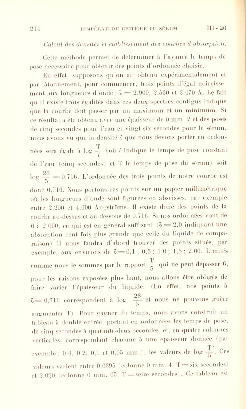 Tl M I’KK ATI RK OKITIQUK DI SITU M 111-26 211 Calcul des densités et. établissement des courbes d'absorption. Celle méthode permet de déterminer à l’avance le temps de pose nécessaire pour obtenir des points d ordonnée choisie. En effet, supposons qu’on ait obtenu expérimentalement et par tâtonnement, pour commencer, trois points d’égal noircisse- ment aux longueurs d’onde : À = 2.900, 2.530 et 2.470 A. Le fait qu'il existe trois égalités dans ces deux spectres contigus indique que la courbe doit passer par un maximum et un minimum. Si ce résultat a été obtenu avec une épaisseur de 0 mm. 2 et des poses de cinq secondes pour l’eau et vingt-six secondes pour le sérum, nous avons vu que la densité S que nous devons porter en ordon- nées sera égale à log T 7 (où / indique le temps de pose constant de l eau (cinq secondes) et I le temps de pose du sérum) soit log — =0,716. L’ordonnée des trois points de notre courbe est donc 0,716. Nous portons ces points sur un papier millimétrique où les longueurs d’onde sont figurées en abscisses, par exemple entre 2.200 et 4.000 Ângstrôms. Il existe donc des points de la courbe au-dessus et au-dessous de 0,716. Si nos ordonnées vont de 0 à 2,000, ce qui est en général suffisant (3 = 2,0 indiquant une absorption cent fois plus grande que celle du liquide de compa- raison) il nous faudra d’abord trouver des points situés, par exemple, aux environs de 3 = 0,1 ; 0,5; 1,0; 1,5; 2,00. Limités T comme nous le sommes par le rapport — qui ne peut dépasser 6, pour les raisons exposées plus liant, nous allons être obligés de faire varier l’épaisseur du liquide. (En effet, nos points à 26 o=0,716 correspondent à log =-et nous ne pouvons guère augmenter T). Pour gagner du temps, nous avons construit un tableau à double entrée, portant en ordonnées les temps de pose, de cinq secondes à quarante-deux secondes, et, en quatre colonnes verticales, correspondant chacune à une épaisseur donnée (par T ' exemple : 0,4, 0,2, 0,1 et 0,05 mm.), les valeurs de log-^-. Ces valeurs varient entre 0,0395 (colonne 0 mm. 4, T = si\ secondes')