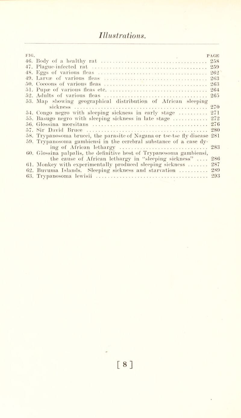 Illustrations. FIG. PAGE 46. Body of a healthy rat 258 47. Plague-infected rat 259 48. Eggs of various (leas 262 49. Larva of various fleas 263 50. Cocoons of various fleas 263 51. Pupa of various fleas etc 264 52. Adults of various fleas 265 53. Map showing geographical distribution of African sleeping sickness 270 54. Congo negro with sleeping sickness in early stage 271 55. Basugo negro with sleeping sickness in late stage 272 56. Glossina niorsitans 276 57. Sir David Bruce 280 58. Trypanosoma brucei, the parasite of Naganaor tse tse fly disease 281 59. Trypanosoma gambiensi in the cerebral substance of a case dy- ing of African lethargy 283 60. Glossina palpalis, the definitive host of Trypanosoma gambiensi, the cause of African lethargy in “sleeping sickness” .... 286 61. Monkey with experimentally produced sleeping sickness 287 62. Buvuma Islands. Sleeping sickness and starvation 289 63. Trypanosoma lewisii 293 [8]