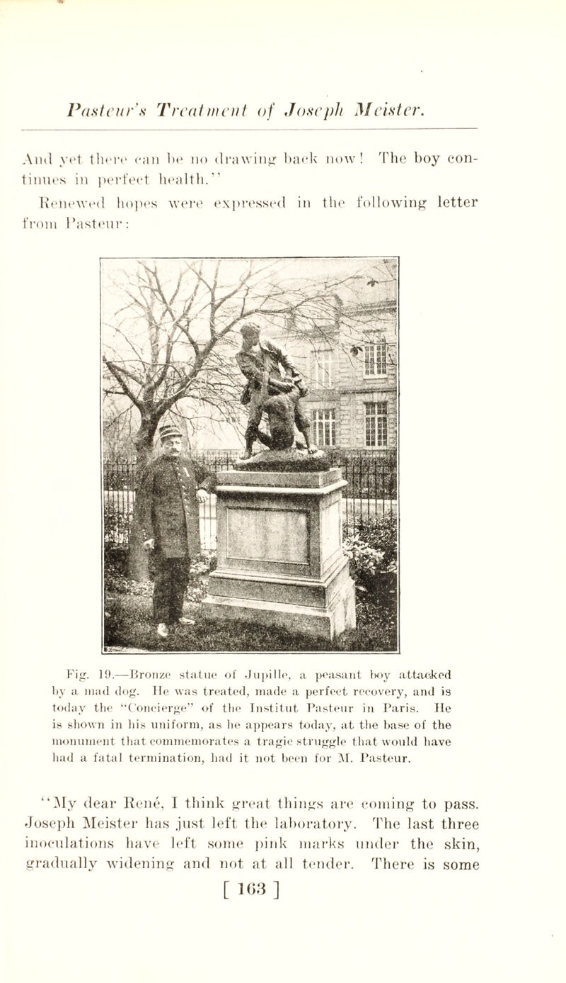 Ami yet there can be no drawing bacl< now! The boy con- tinues in perfect health.” Renewed hopes were expressed in the following letter from Pasteur: Fig. 19.—Bronze statue of .Jupille, a peasant l>oy attacked by a mad dog. He was treated, made a perfect recovery, and is today the “Concierge” of the Institut Pasteur in Paris. He is shown in his uniform, as he appears today, at the base of the monument that commemorates a tragic struggle that would have had a fatal termination, had it not been for M. Pasteur. ‘‘My dear Rene, I think great things are coming to pass. Joseph Meister has just left the laboratory. The last three inoculations have left some pink marks under the skin, gradually widening and not at all tender. There is some