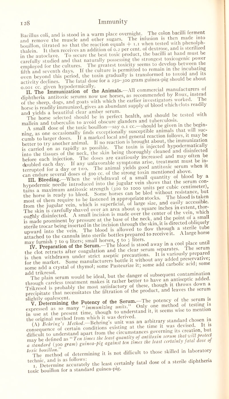 Bacillus coli, and is stood in a warm place overnight. The colon bacilli ferment and remove the muscle and other sugars. 1 he infusion is then made into bouillon, titrated so that the reaction equals + i.i when tested with phenolph- thalein It then receives an addition of 0.2 per cent, of dextrose, and is sterilized in the autoclave. To secure the best toxic product, the bacilli at hand must be carefully studied and that naturally possessing the strongest toxicogenic power employed for the cultures. The greatest toxicity seems to develop between the fifth and seventh days. If the culture is permitted to remain in the incubating oven beyond this period, the toxin gradually is transformed to toxoid and its activity declines. The fatal dose for a 250-300 gram guinea-pig should be about 0001 cc. aiven hvpodermically. . , . c II. The Immunization of the Animals.—All commercial manufacturers o diphtheria antitoxic serums now use horses, as recommended by Roux instead of the sheep dogs, and goats with which the earlier investigators worked. I he horse is readily immunized, gives an abundant supply of blood which clots readily md vields a beautiful clear amber serum. . , , , , .,, The horse selected should be in perfect health, and should be tested with mallein and tuberculin to avoid obscure glanders and tuberculosis. A small dose of the toxic bouillon-say 0.1 cc.-should be given in the begin- ning as one occasionally finds exceptionally susceptible animals that will suc- cumb to larger doses. If a marked local and general reaction follows, it may be better to try another animal. If no reaction is brought about the immunization is carried on as rapidly as possible. The toxin is injected hypodermatically into the tissues of the neck, the skin being thoroughly cleaned and disinfected before each injection. The doses are cautiously increased and may often be doubled each clay- any unfavorable symptoms arise, treatment must be in- terrupted for a day or two. The animal yields good antitoxic serum when it can endure several'doses of 500 cc. of the strong toxin mentioned above III Bleeding.—When the withdrawal of a small quantity of blooc y hvpodermic needle introduced into the jugular vein shows that the serum con- fains a maximum antitoxic strength (300 to 1000 units per cubic centimeter) the horse is ready to bleed. Some horses can be bled 'vltho^ r^|stance but most of them require to be fastened in appropriate stocks The bloodUs tak from the jugular vein, which is superficial, ot large size, and easily accessib . The skin is carefully shaved over an area about 9 square inches in extent, tho oughlv disinfected A small incision is made over the center of the vein, which attached to the cannula into sterile bottles prepared to receive it. A large ho blood Sd away in a cool place until the^dot retracts after coagulation and the clear serum separates.-The seru some add a crystal of thymol; some Pasteurize it; some add carbolic acid, some ^'nmnlain^erum would be ideal, but the danger of subsequent contamination MSS3i:^‘S~SSBSSS~ '“ihc’mih~l ot (tclcrmining it is not difficult to those skilled in laboratory leC,hnDttelin.aSa51!”teiy the least certainly fatal dose of a sterile diphtheria toxic bouillon for a standard guinea-pig.