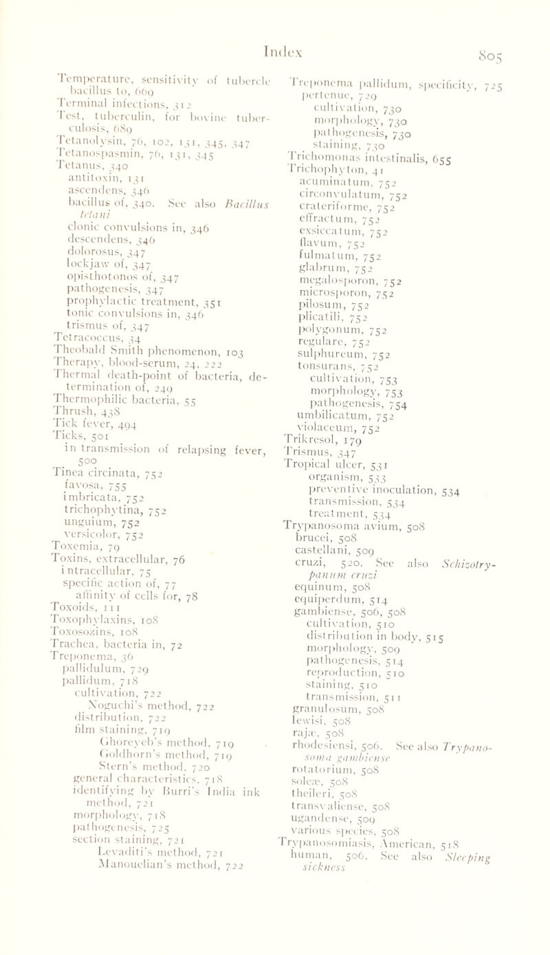 Temperature, sensitivity of tubercle bacillus to, 669 Terminal infections, 312 I est, tuberculin, for bovine tuber- culosis, 689 Tetanolysin, 76, 102, 131, 345, 347 Tetanospasmin, 76, 131, 345 Tetanus, 340 antitoxin, 131 ascendens, 346 bacillus of, 340. See also Bacillus tetani clonic convulsions in, 346 descendens, 340 dolorosus, 347 lockjaw of, 347 opisthotonos of, 347 pathogenesis, 347 prophylactic treatment, 351 tonic convulsions in, 346 trismus of, 347 Tetracoccus, 34 Theobald Smith phenomenon, 103 Therapy, blood-serum, 24, 222 Thermal death-point of bacteria, de- termination of, 249 Thermophilic bacteria, 55 Thrush, 438 Tick fever, 494 Ticks, 501 in transmission of relapsing fever, 5°° Tinea circinata, 752 favosa, 755 imbricata, 732 trichophytina, 752 unguium, 752 versicolor, 732 Toxemia, 79 Toxins, extracellular, 76 i ntracellular, 75 specific action of, 77 affinity of cells for, 78 Toxoids, hi Toxophylaxins, 108 Toxosozins, 108 Trachea, bacteria in, 72 Treponema, 36 pallidulum, 729 pallidum, 718 cultivation, 722 Noguchi's method, 722 distribution, 722 film staining, 719 (Jhoreyeb’s method, 719 Goldhorn’s method, 719 Stern’s method, 720 general characteristics, 71S identifying by Burri’s India ink method, 721 morphology, 718 pathogenesis, 725 section staining, 721 Levaditi’s method, 721 Manouelian’s method, 722 80 I reponema pallidum, specificitv, 723 pertenue, 729 cultivation, 730 morphology, 730 pathogenesis, 730 staining, 730 Trichomonas intestinalis, 635 Trichophyton, 41 acuminatum, 752 circonvulatum, 752 cratcriforme, 752 effractum, 752 exsiccatum, 752 fiavum, 752 fulmatum, 752 glabrum, 732 megalosporon, 752 microsporon, 732 pilosum, 752 plicatili, 732 polygonum, 732 reguiare, 752 sulphureum, 732 tonsurans, 752 cultivation, 733 morphology, 733 pathogenesis, 754 umbilicatum, 732 violaceum, 752 Trikresol, 179 Trismus, 347 Tropical ulcer, 531 organism, 533 preventive inoculation, 534 transmission, 334 treatment, 334 Trypanosoma avium, 508 brucei, 508 castellani, 509 cruzi, 520. See also Schizotry- panum cruzi equinum, 508 equiperdum, 514 gambiense, 306, 508 cultivation, 510 distribution in body, 315 morphology, 509 pathogenesis, 314 reproduction, 510 staining, 510 transmission, 511 granulosum, 508 lewisi, 308 raja', 508 rhodesiensi, 50b- See also 7Yv pa no- soma gambiense rotatorium, 508 sole;e, 308 theileri, 308 transvaliense, 50S ugandense, 509 various species, 508 Trypanosomiasis, American, 51S human, 506. See also Sleeping sickness