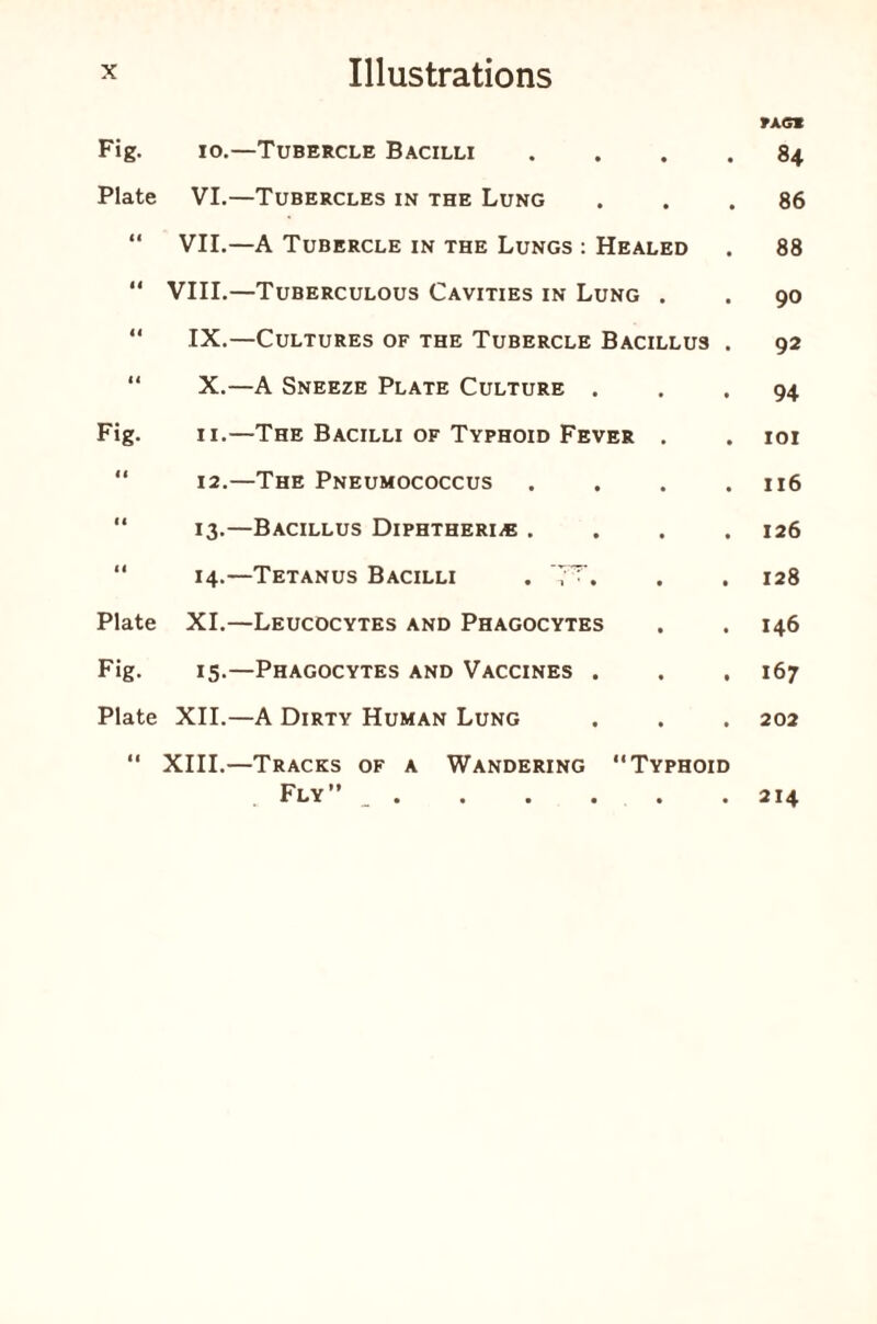 »ag* Fig. io.—Tubercle Bacilli .... 84 Plate VI.—Tubercles in the Lung ... 86 “ VII.—A Tubercle in the Lungs : Healed . 88 “ VIII.—Tuberculous Cavities in Lung . . 90 IX.—Cultures of the Tubercle Bacillus . 92 X.—A Sneeze Plate Culture ... 94 Fig. 11.—The Bacilli of Typhoid Fever . . 101 “ 12.—The Pneumococcus . . . .116 “ 13.—Bacillus Diphtheria .... 126 “ 14.—Tetanus Bacilli . . . 128 Plate XI.—Leucocytes and Phagocytes . . 146 Fig. 15.—Phagocytes and Vaccines . . . 167 Plate XII.—A Dirty Human Lung . . . 202 “ XIII.—Tracks of a Wandering “Typhoid Fly” 214