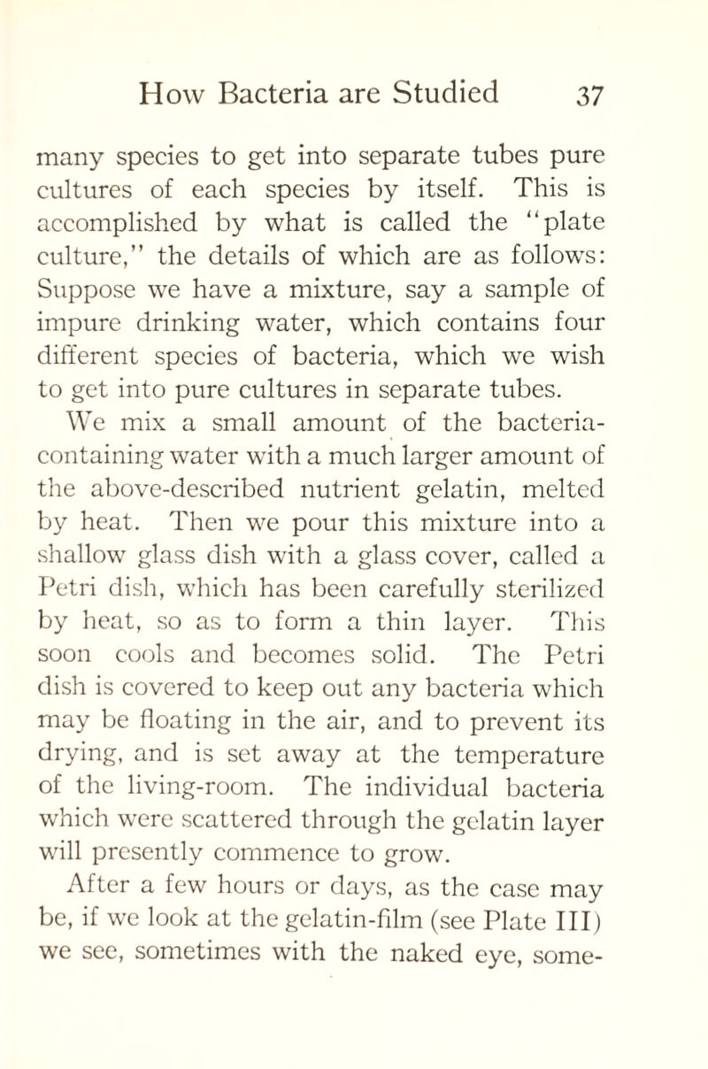 many species to get into separate tubes pure cultures of each species by itself. This is accomplished by what is called the “plate culture,” the details of which are as follows: Suppose we have a mixture, say a sample of impure drinking water, which contains four different species of bacteria, which we wish to get into pure cultures in separate tubes. We mix a small amount of the bacteria- containing water with a much larger amount of the above-described nutrient gelatin, melted by heat. Then we pour this mixture into a shallow glass dish with a glass cover, called a Petri dish, which has been carefully sterilized by heat, so as to form a thin layer. This soon cools and becomes solid. The Petri dish is covered to keep out any bacteria which may be floating in the air, and to prevent its drying, and is set away at the temperature of the living-room. The individual bacteria which were scattered through the gelatin layer will presently commence to grow. After a few hours or days, as the case may be, if we look at the gelatin-film (see Plate III) we see, sometimes with the naked eye, some-