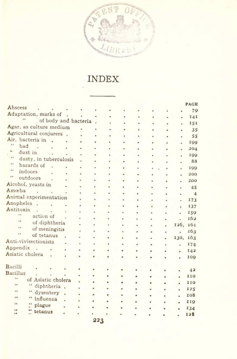 INDEX Abscess Adaptation, marks of . of body and bac Agar, as culture medium Agricultural conjurers . Air, bacteria in .  bad dust in dusty, in tuberculosis hazards of indoors outdoors Alcohol, yeasts in Amoeba Animal experimentation Anopheles . Antitoxin “ action of of diphtheria “ of meningitis ” of tetanus Anti-vivisectionists Appendix Asiatic cholera Bacilli Bacillus of Asiatic cholera “ diphtheria . “ dysentery . “ influenza  plague “ tetanus PAGE 79 141 ISI 35 55 199 204 199 88 199 200 200 45 4 173 137 159 162 126, 161 163 130, 163 174 142 109 42 no no I2S 108 • 119 • 134 • 12S