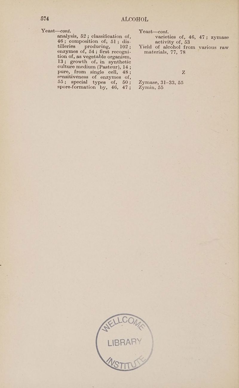 Yeast—cont. Yeast—cont. analysis, 52; classification of, varieties of, 46, 47; zymase 46; composition of, 51; dis- activity of, 53 tilleries producing, 102; Yield of alcohol from various raw enzymes of, 54; first recogni- materials, 77, 78 tion of, as vegetable organism, 13; growth of, in synthetic culture medium (Pasteur), 14; pure, from single cell, 48; Z sensitiveéness of enzymes of, 55; special types of, 50; Zymase, 31-33, 55 spore-formation by, 46, 47; Zymin, 55 Kort On | LIBRARY y