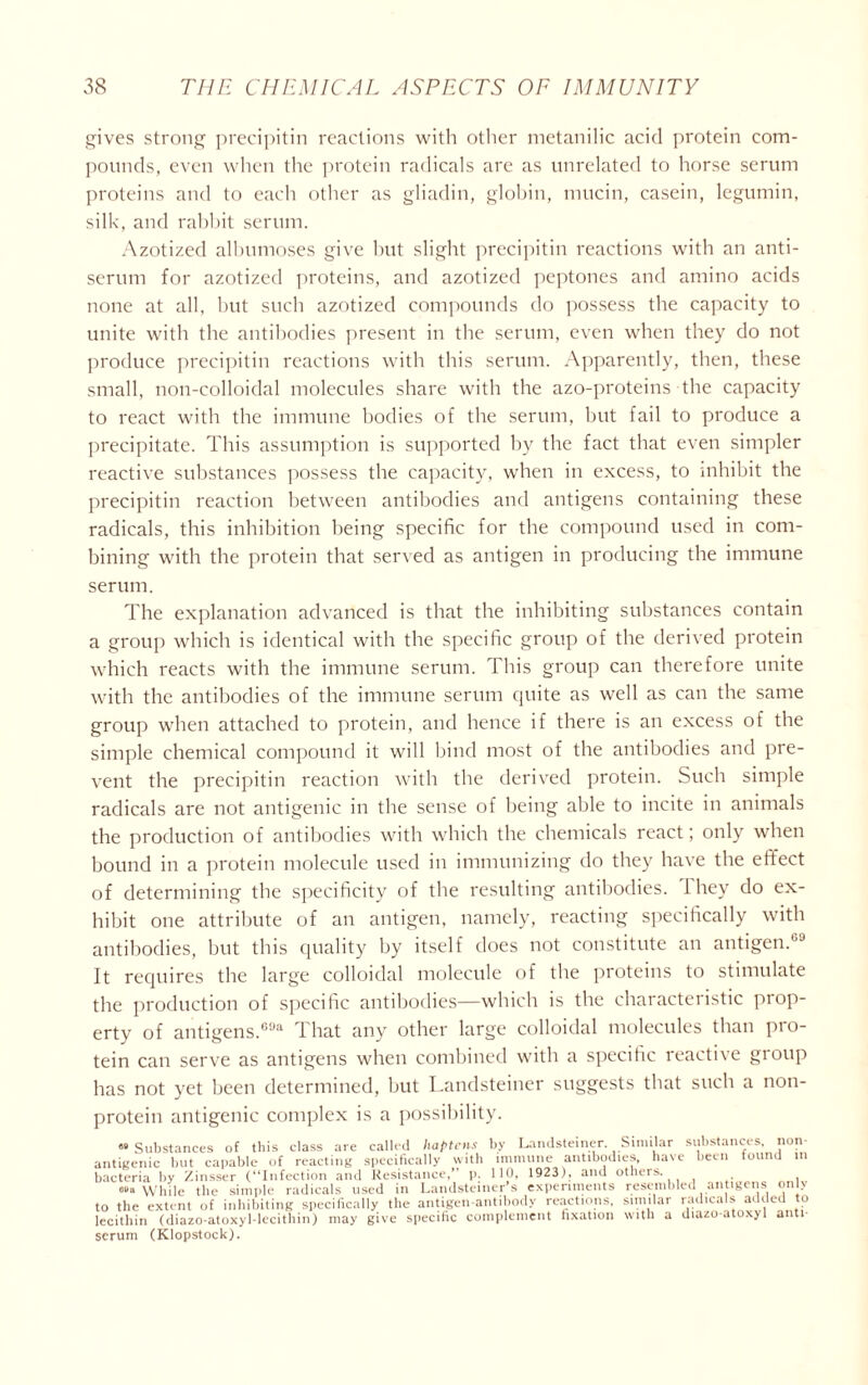 gives strong precipitin reactions with other metanilic acid protein com- pounds, even when the protein radicals are as unrelated to horse serum proteins and to each other as gliadin, globin, mucin, casein, legumin, silk, and rabbit serum. Azotized albumoses give but slight precipitin reactions with an anti- serum for azotized proteins, and azotized peptones and amino acids none at all, but such azotized compounds do possess the capacity to unite with the antibodies present in the serum, even when they do not produce precipitin reactions with this serum. Apparently, then, these small, non-colloidal molecules share with the azo-proteins the capacity to react with the immune bodies of the serum, but fail to produce a precipitate. This assumption is supported by the fact that even simpler reactive substances possess the capacity, when in excess, to inhibit the precipitin reaction between antibodies and antigens containing these radicals, this inhibition being specific for the compound used in com- bining with the protein that served as antigen in producing the immune serum. The explanation advanced is that the inhibiting substances contain a group which is identical with the specific group of the derived protein which reacts with the immune serum. This group can therefore unite with the antibodies of the immune serum quite as well as can the same group when attached to protein, and hence if there is an excess of the simple chemical compound it will bind most of the antibodies and pre- vent the precipitin reaction with the derived protein. Such simple radicals are not antigenic in the sense of being able to incite in animals the production of antibodies with which the chemicals react; only when bound in a protein molecule used in immunizing do they have the effect of determining the specificity of the resulting antibodies. They do ex- hibit one attribute of an antigen, namely, reacting specifically with antibodies, but this quality by itself does not constitute an antigen.69 It requires the large colloidal molecule of the proteins to stimulate the production of specific antibodies—which is the characteristic prop- erty of antigens.09a That any other large colloidal molecules than pro- tein can serve as antigens when combined with a specific reactive group has not yet been determined, but Landsteiner suggests that such a non- protein antigenic complex is a possibility. «• Substances of this class are called haptens by Landsteiner. Similar substances, non- antigenic but capable of reacting specifically with immune antibodies, have been found in bacteria by Zinsser (“Infection and Resistance,” p. 110, 1923), and others. o»a while the simple radicals used in Landsteiner’s experiments resembled antigens only to the extent of inhibiting specifically the antigen-antibody reactions, similar radicals added to lecithin (diazo-atoxyl-lecithin) may give specific complement fixation with a diazo-atoxyl anti- serum (Klopstock).