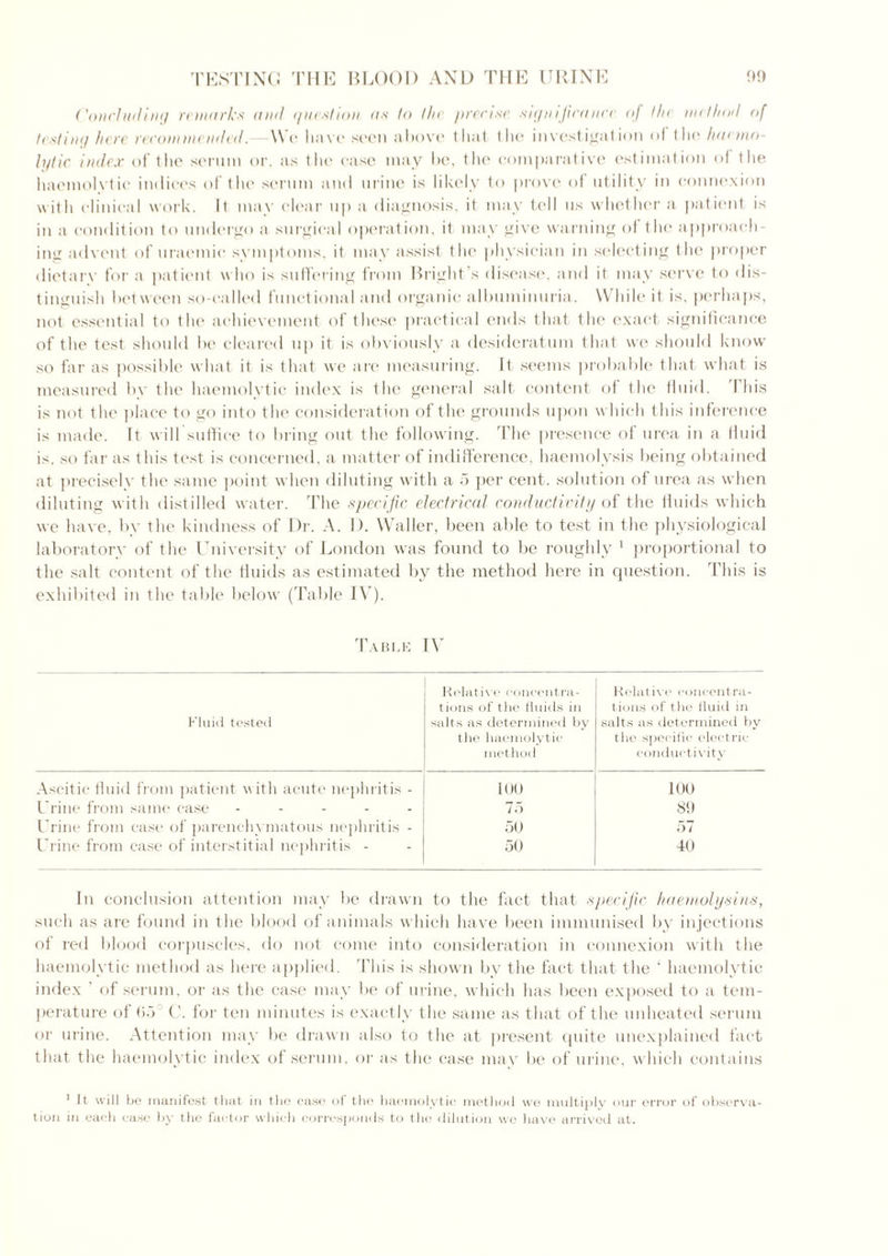 Concluding remark's and question as to the precise significance <>J the method of testing here recommended.-—Wo have seen above that the investigation of the haemo- lytic index of the serum or, as the case may be, the comparative estimation of the haemolvtic indices of the serum and urine is likely to prove of utility in connexion with clinical work. It may clear up a diagnosis, it may tell us whether a patient is in a condition to undergo a surgical operation, it may give warning of the approach- ing advent of uraemic symptoms, it may assist the physician in selecting the proper dietarv for a patient who is suffering from Bright s disease, and it may serve to dis- tinguish between so-called functional and organic albuminuria. While it is, perhaps, not essential to the achievement of these practical ends that the exact significance of the test should be cleared up it is obviously a desideratum that we should know so far as possible what it is that we are measuring. It seems probable that what is measured by the haemolytic index is the general salt content of the fluid. This is not the place to go into the consideration of the grounds upon which this inference is made. It will suffice to bring out the following. The presence of urea in a fluid is. so far as this test is concerned, a matter of indifference, haemolysis being obtained at precisely the same point when diluting with a 5 per cent, solution of urea as when diluting with distilled water. The specific electrical conductivity of the fluids which we have, by the kindness of Dr. A. 1). Waller, been able to test in the physiological laboratory of the University of London was found to be roughly 1 proportional to the salt content of the fluids as estimated by the method here in question. This is exhibited in the table below (Table IV). Table IV Fluid tested Relative concentra- tions of the fluids in salts as determined by the haemolytic method Relative concentra- tions of the fluid in salts as determined by the specific electric- conductivity Ascitic fluid from patient with acute nephritis - 100 100 Urine from same case ----- 75 89 Urine from case of parenchymatous nephritis - 50 57 Urine from case of interstitial nephritis - 50 40 In conclusion attention may be drawn to the fact that specific haemolysins, such as are found in the blood of animals which have been immunised by injections of red blood corpuscles, do not come into consideration in connexion with the haemolytic method as here applied. This is shown by the fact that the ‘ haemolytic index ’ of serum, or as the case may be of urine, which has been exposed to a tem- perature of 65 C. for ten minutes is exactly the same as that of the unheated serum or urine. Attention may be drawn also to the at present quite unexplained fact that the haemolytic index of serum, or as the case may be of urine, which contains 1 It will be manifest that in the case of the haemolytic method we multiply our error of observa- tion in each case by the factor which corresponds to the dilution we have arrived at.